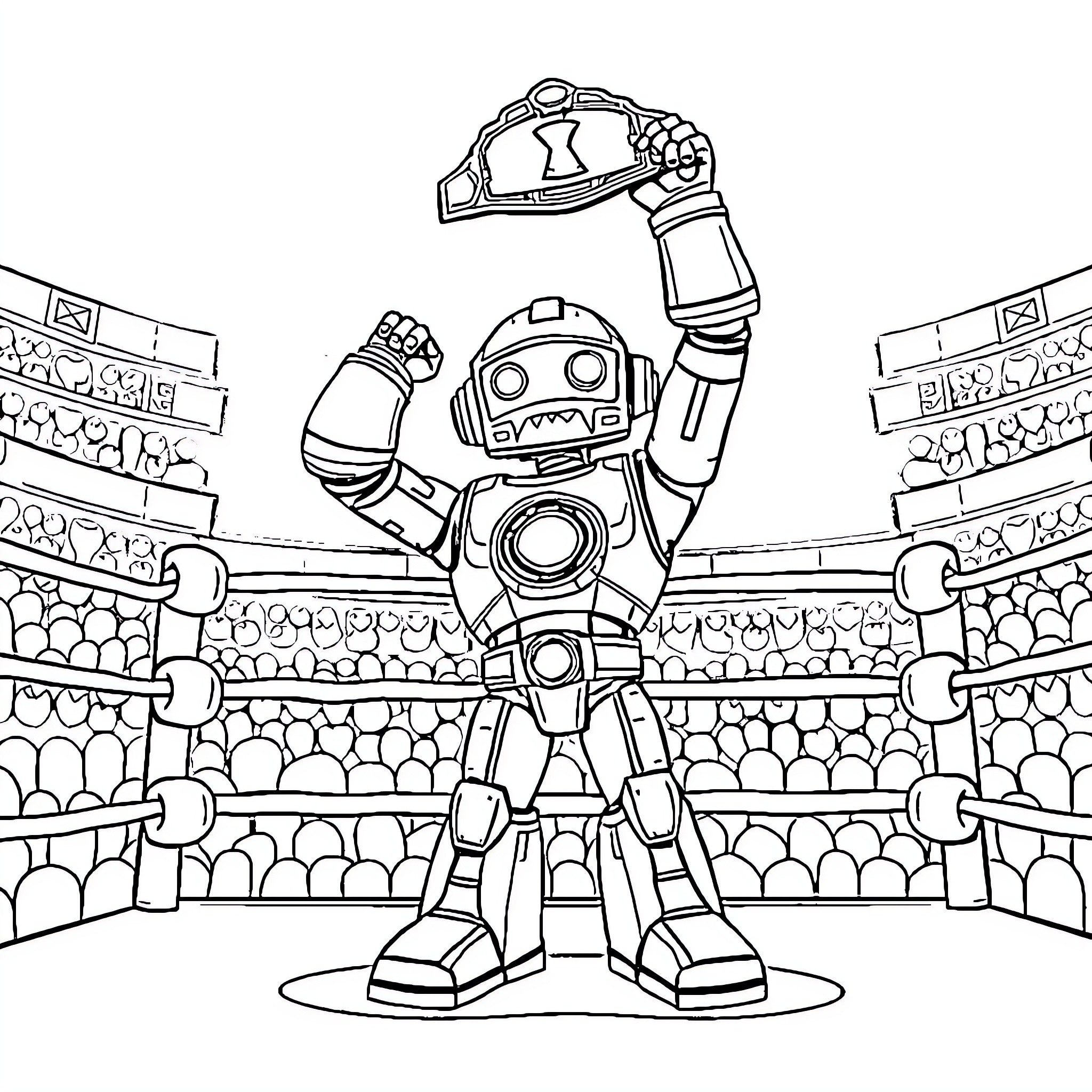 Robot Wrestling Champion Celebrates Victory in Arena Coloring Page (free black-and-white line drawing printable PDF for all, from beginners to advanced learners, including children, teens, adults, and seniors)