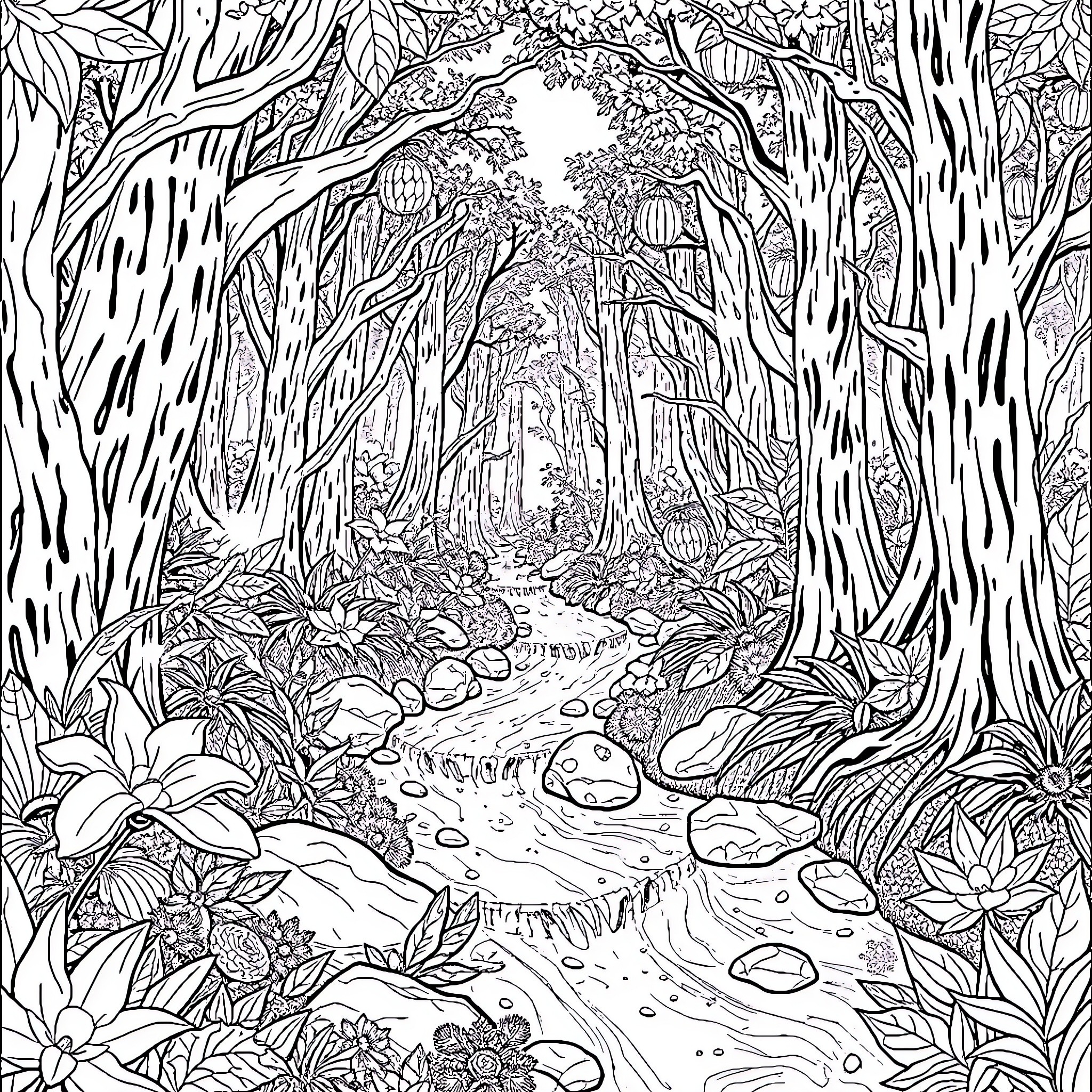 Forest Path Through Lush Vegetation Coloring Page (free black-and-white line drawing printable PDF for all, from beginners to advanced learners, including children, teens, adults, and seniors)
