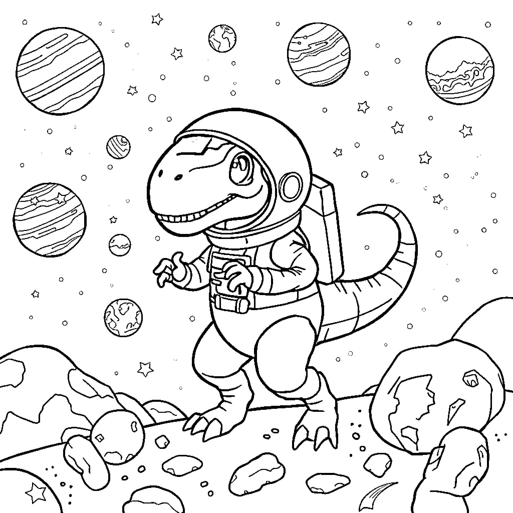 Dinosaur Astronaut exploring the Cosmos Coloring Page (free black-and-white line drawing printable PDF for all, from beginners to advanced learners, including children, teens, adults, and seniors)