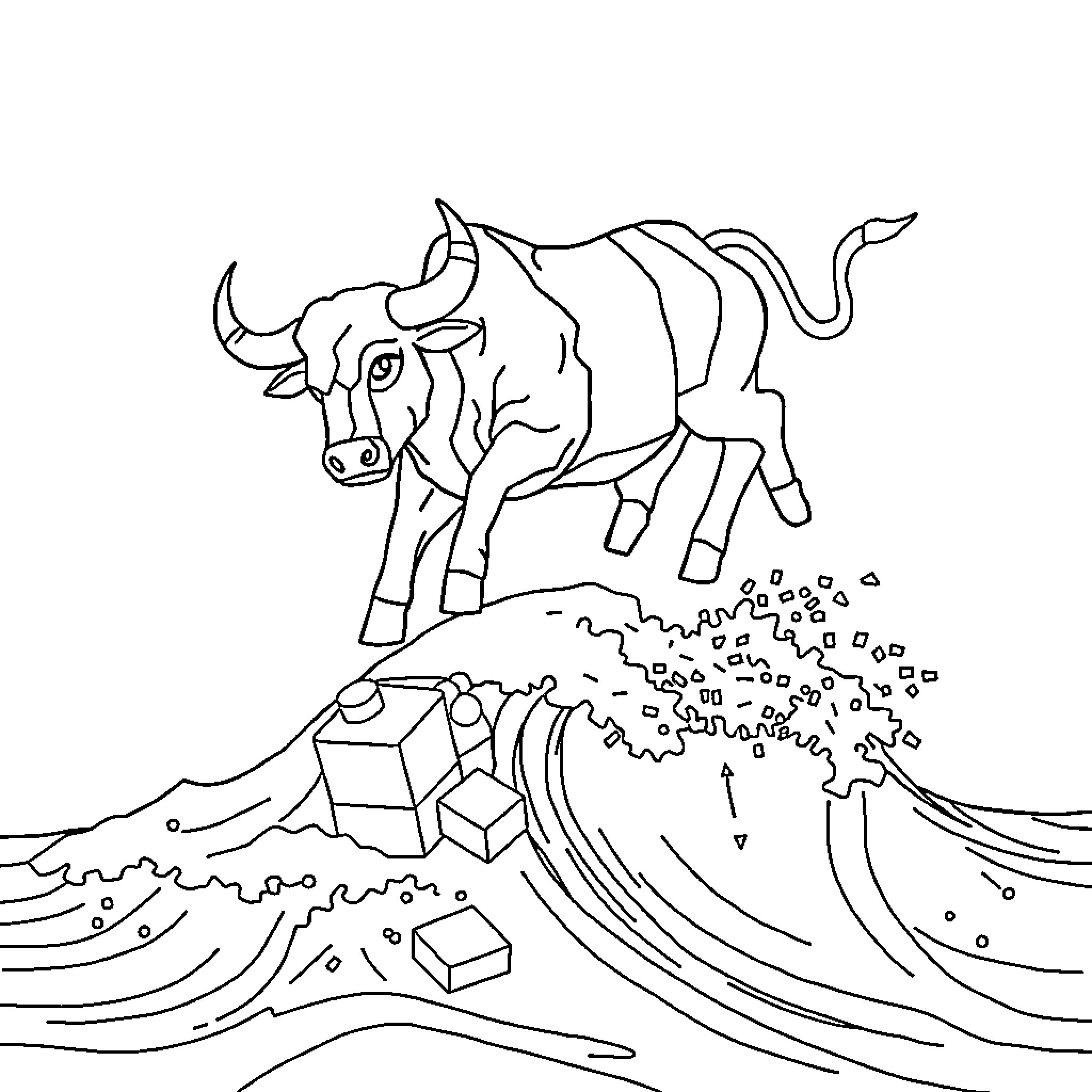 Bull Charging Through a Stormy Landscape Coloring Page (free black-and-white line drawing printable PDF for all, from beginners to advanced learners, including children, teens, adults, and seniors)