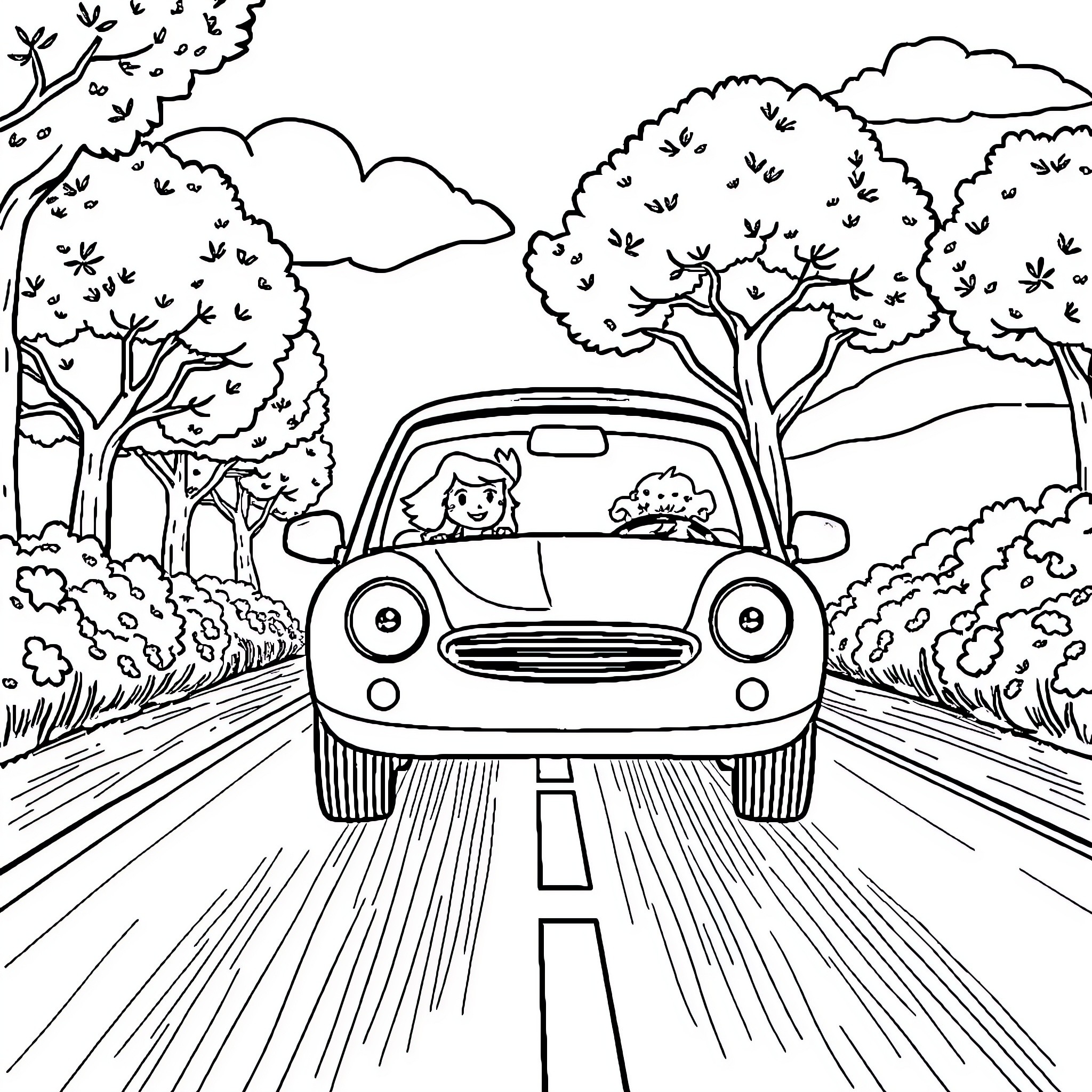 Stella's Joy Ride Through the Countryside Coloring Page (free black-and-white line drawing printable PDF for all, from beginners to advanced learners, including children, teens, adults, and seniors)