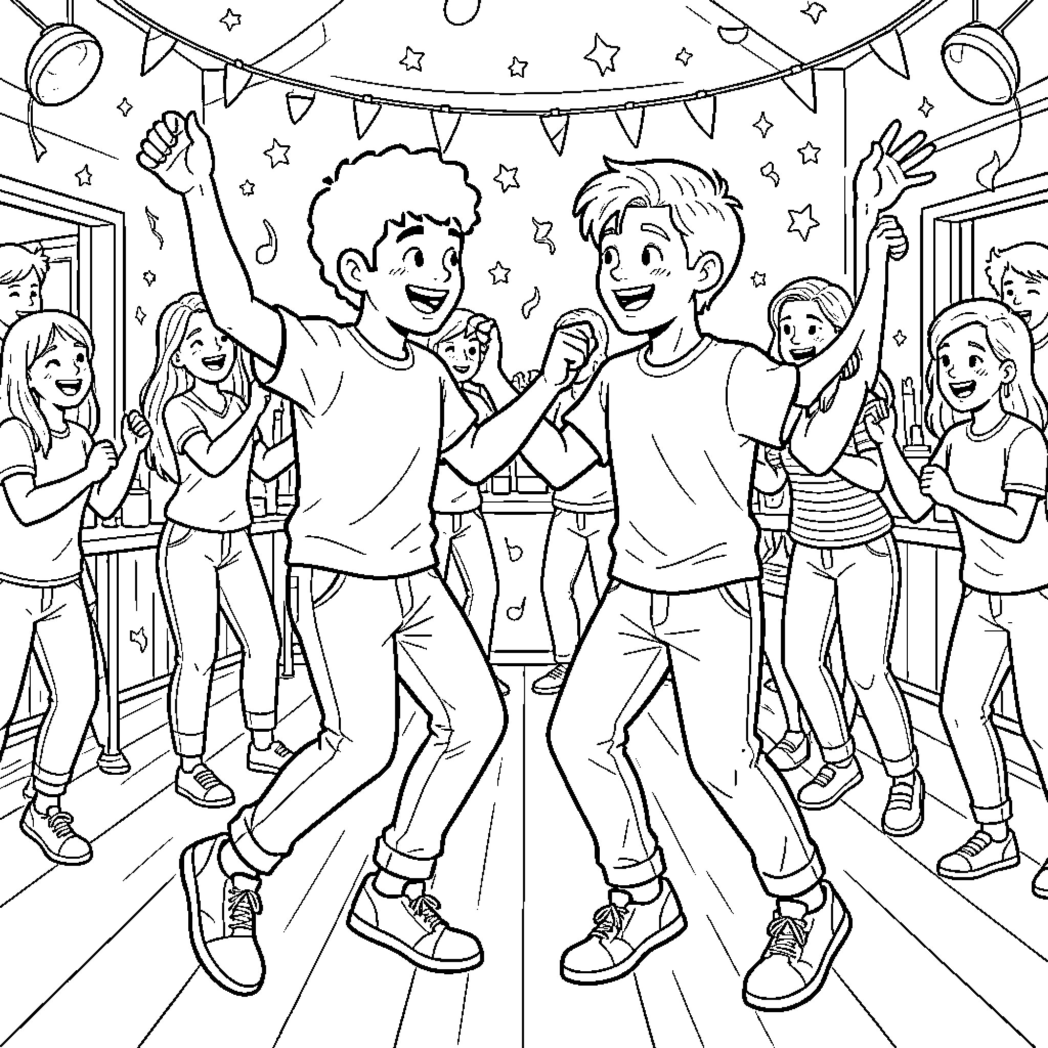 Person dancing joyfully with friends at a party Coloring Page (free black-and-white line drawing printable PDF for all, from beginners to advanced learners, including children, teens, adults, and seniors)