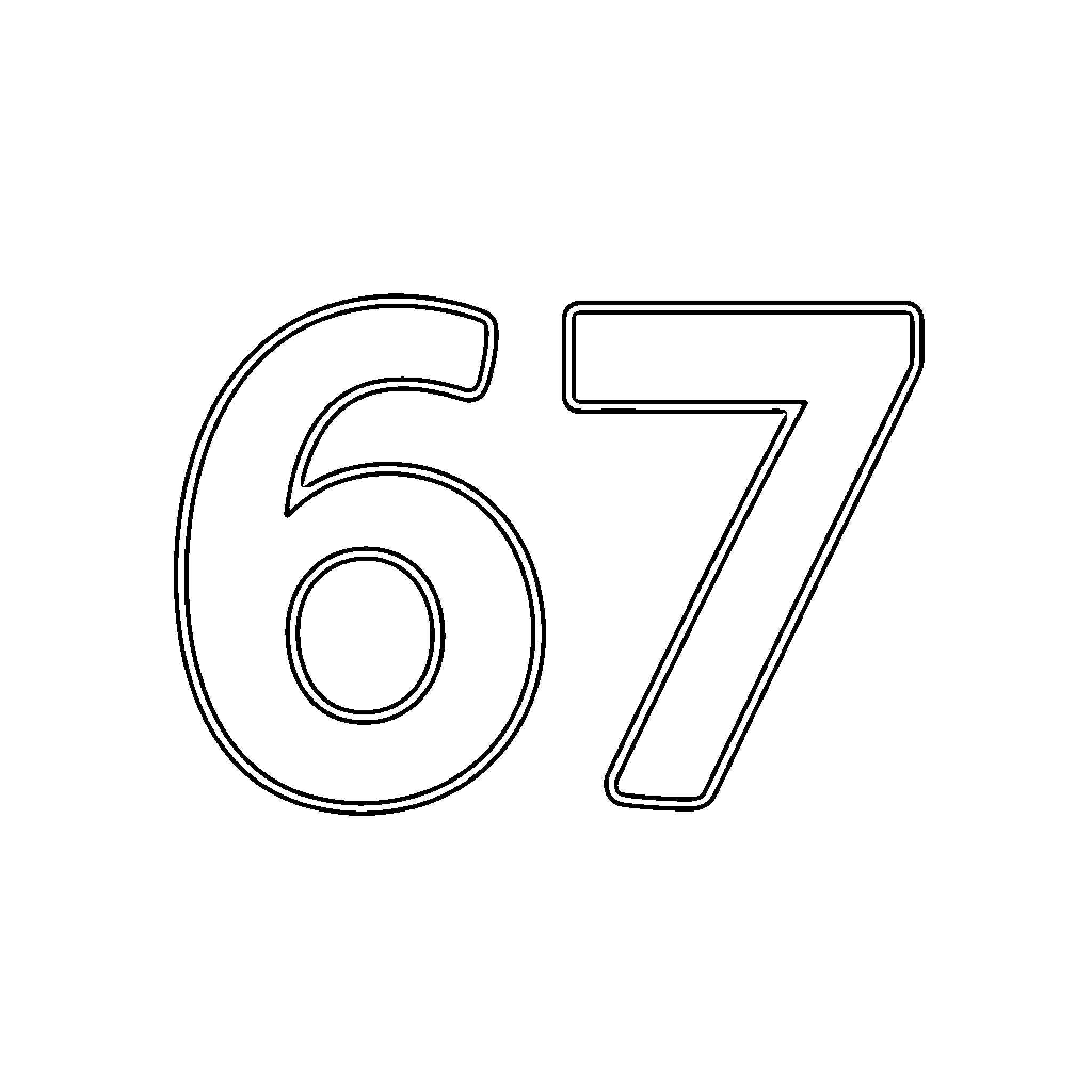 Number 67 Numeric Outline Design Coloring Page (free black-and-white line drawing printable PDF for all, from beginners to advanced learners, including children, teens, adults, and seniors)