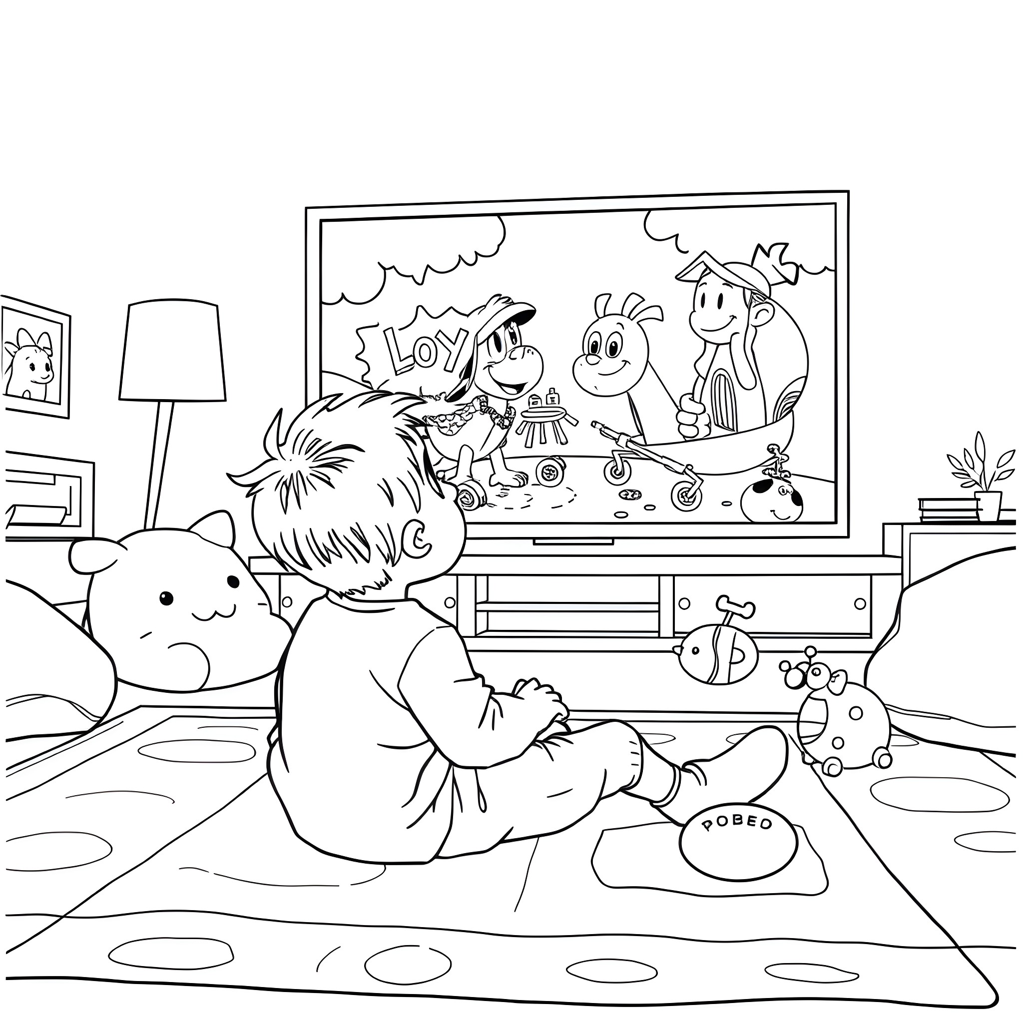 Boy watching cartoon characters on TV Coloring Page (free black-and-white line drawing printable PDF for all, from beginners to advanced learners, including children, teens, adults, and seniors)