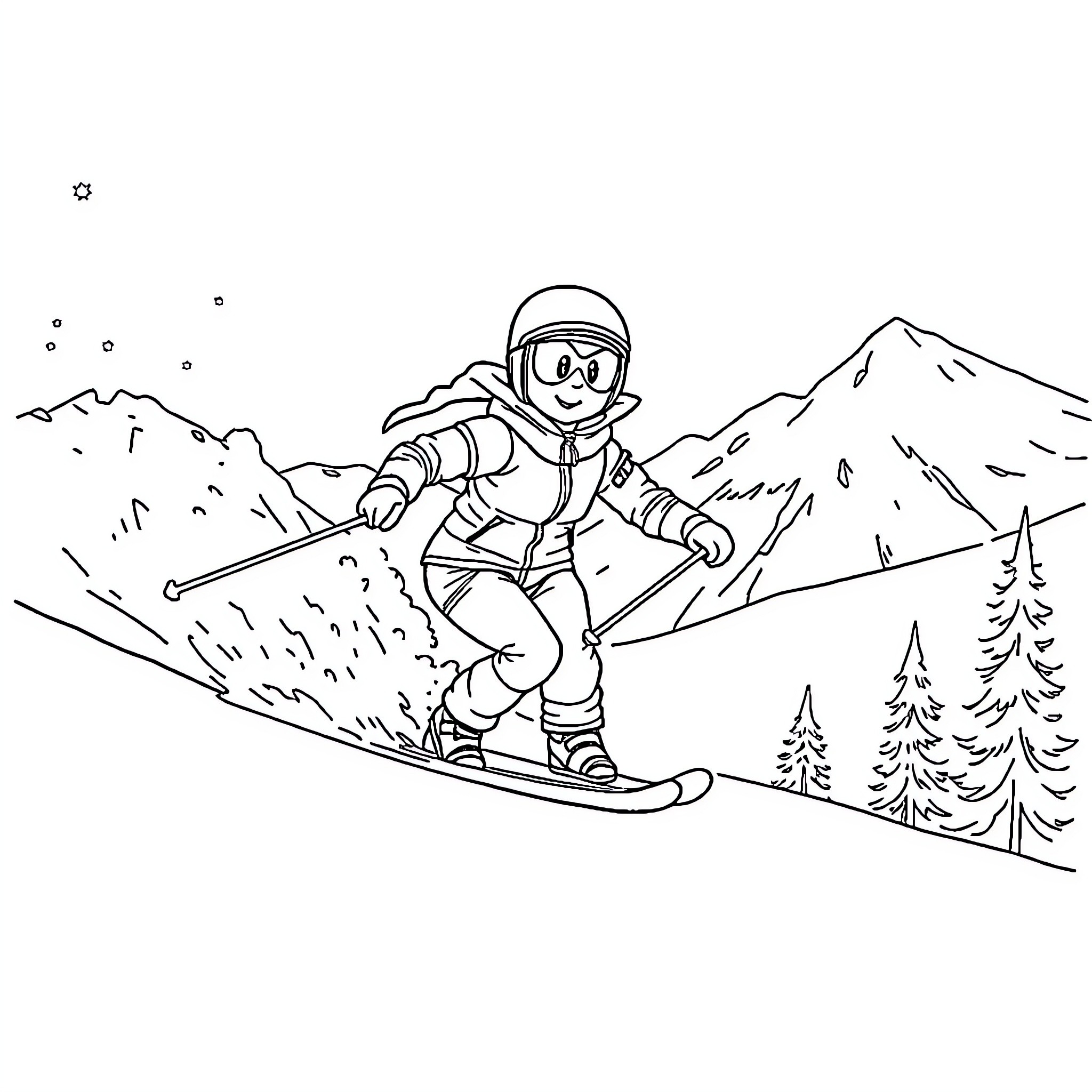 Tatzi's Snowy Alpine Adventure Coloring Page (free black-and-white line drawing printable PDF for all, from beginners to advanced learners, including children, teens, adults, and seniors)