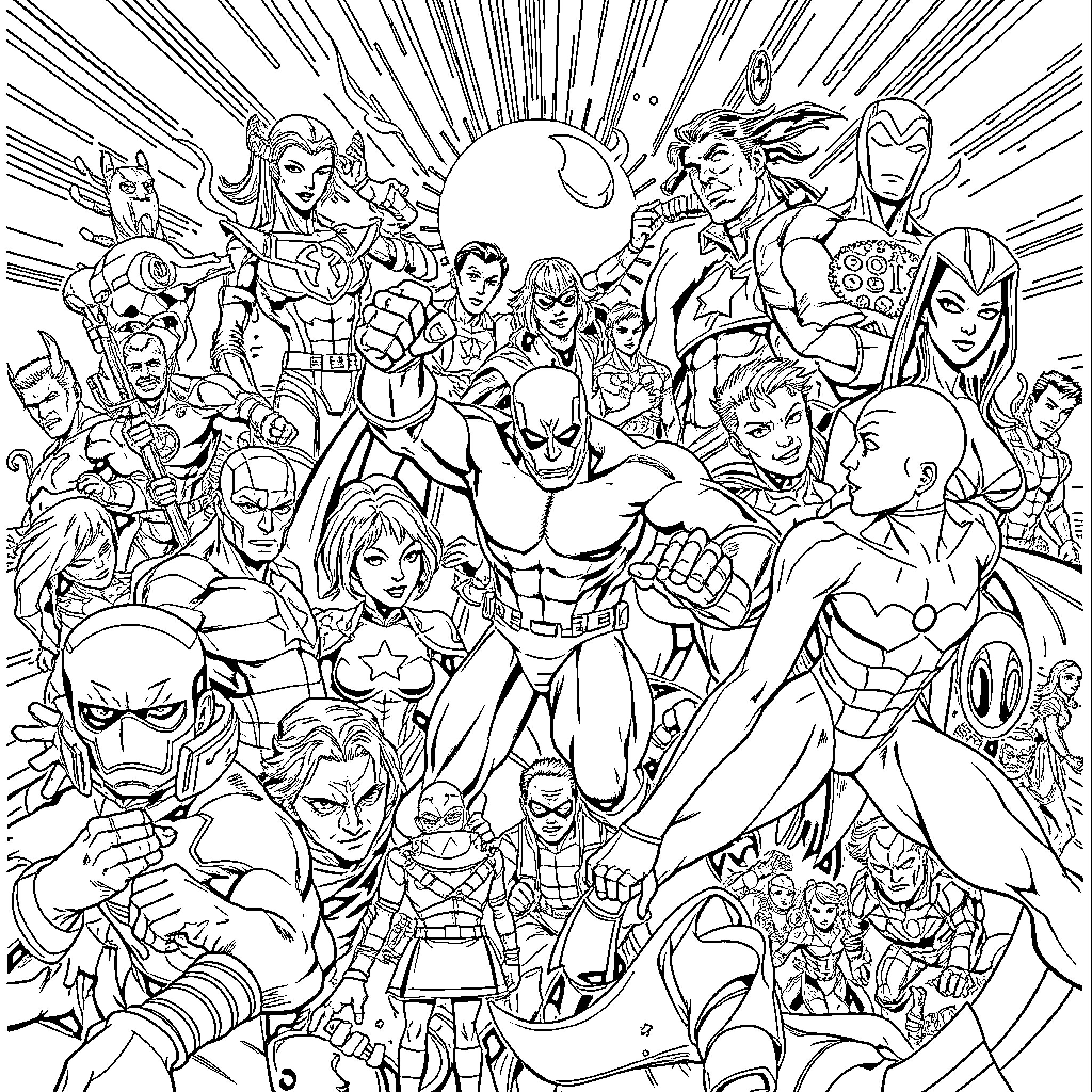 Marvel Heroes Assembling for Action and Adventure Coloring Page (free black-and-white line drawing printable PDF for all, from beginners to advanced learners, including children, teens, adults, and seniors)