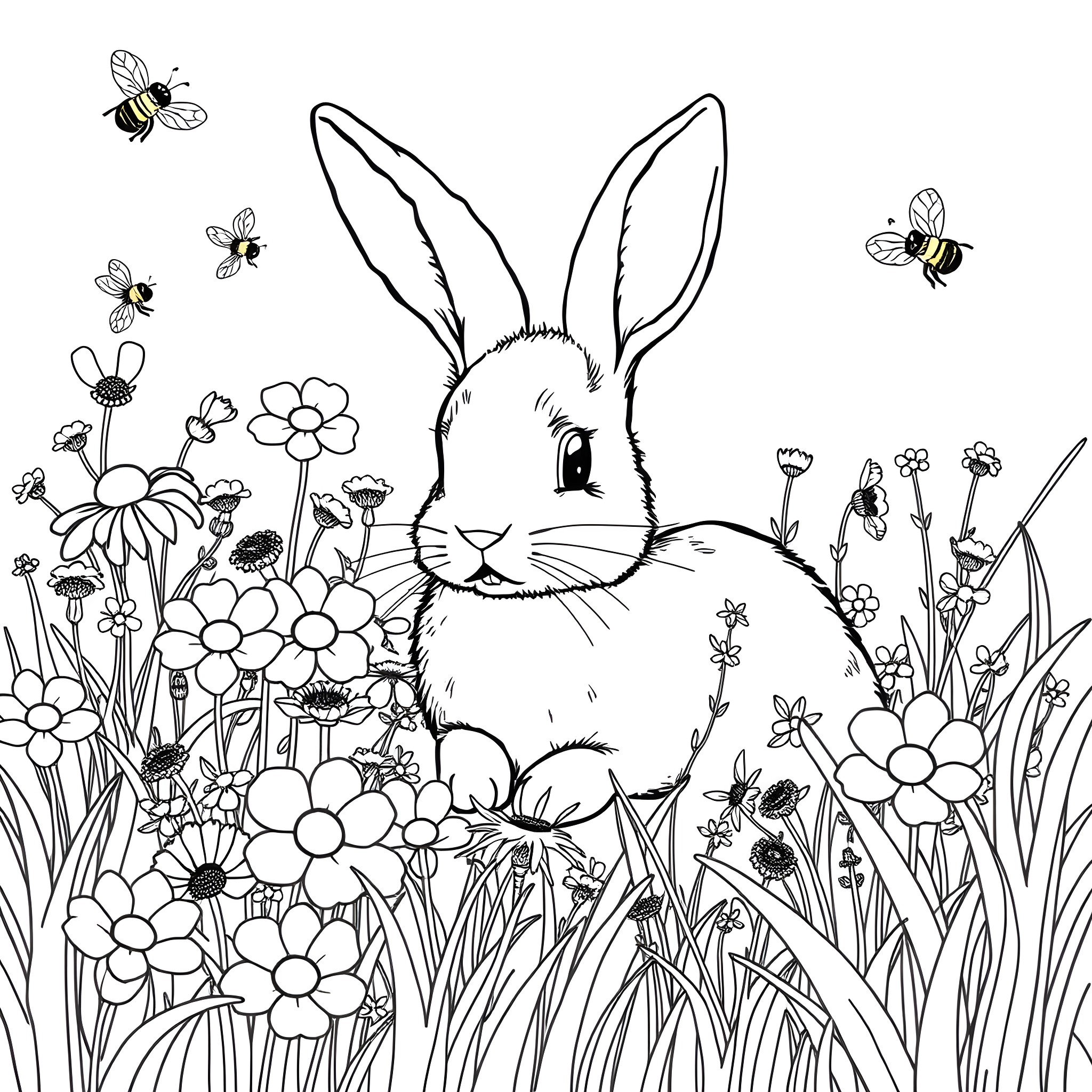 Bunny amidst blooming flowers and buzzing bees Coloring Page (free black-and-white line drawing printable PDF for all, from beginners to advanced learners, including children, teens, adults, and seniors)