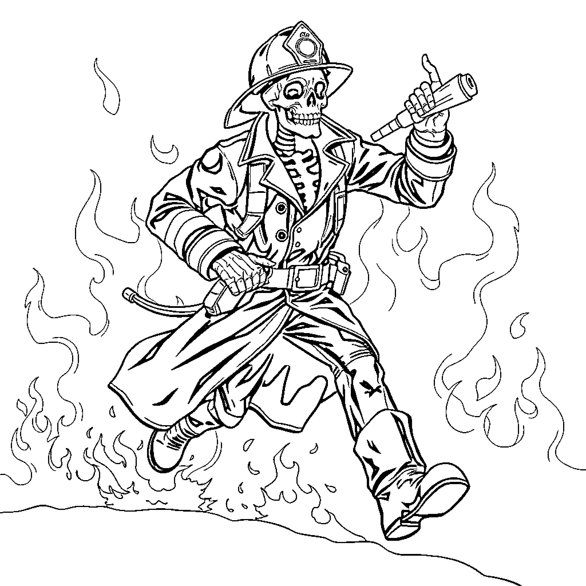 Skeleton firefighter tackling a blaze Coloring Page (free black-and-white line drawing printable PDF for all, from beginners to advanced learners, including children, teens, adults, and seniors)