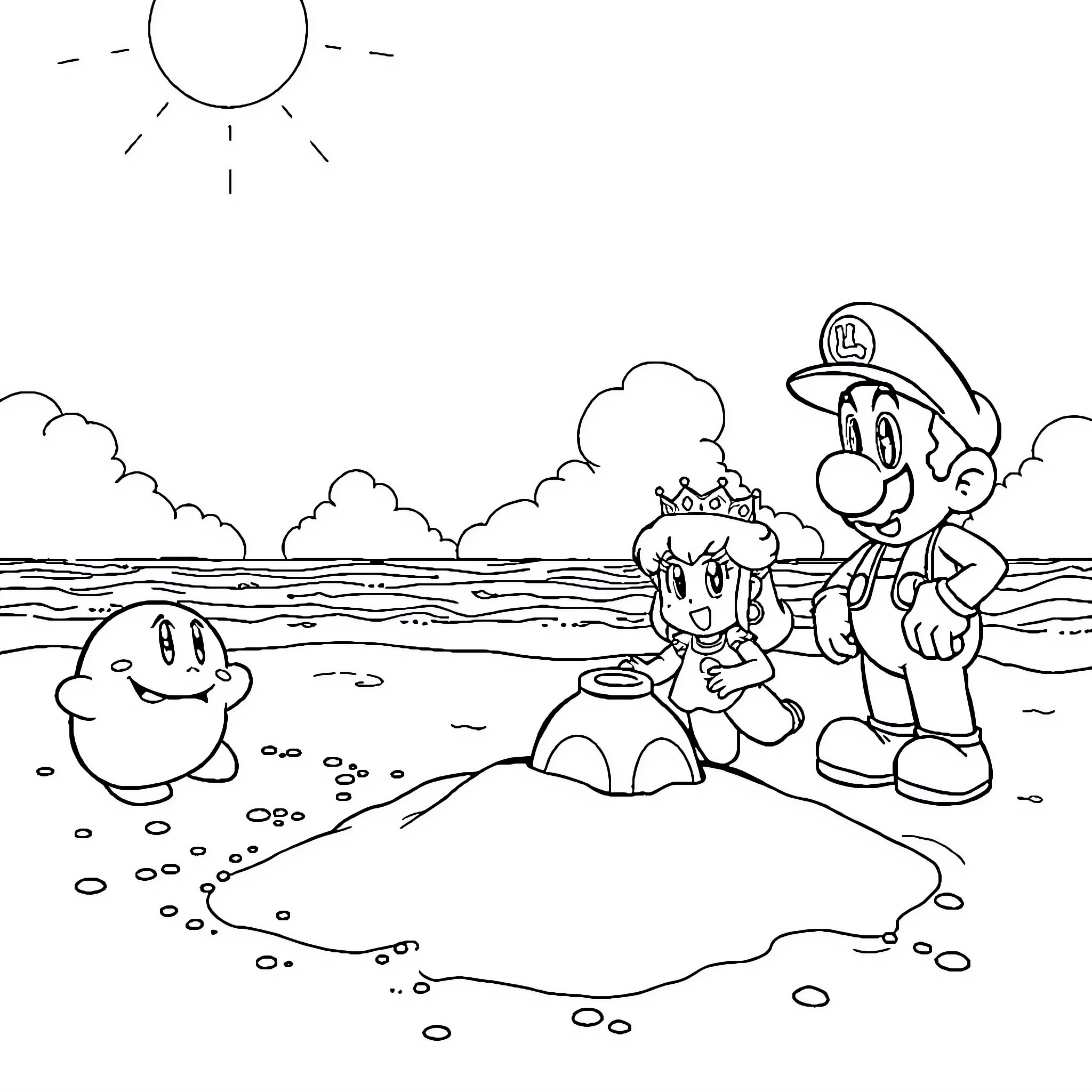 Mario and Friends on a Beach Adventure Coloring Page (free black-and-white line drawing printable PDF for all, from beginners to advanced learners, including children, teens, adults, and seniors)