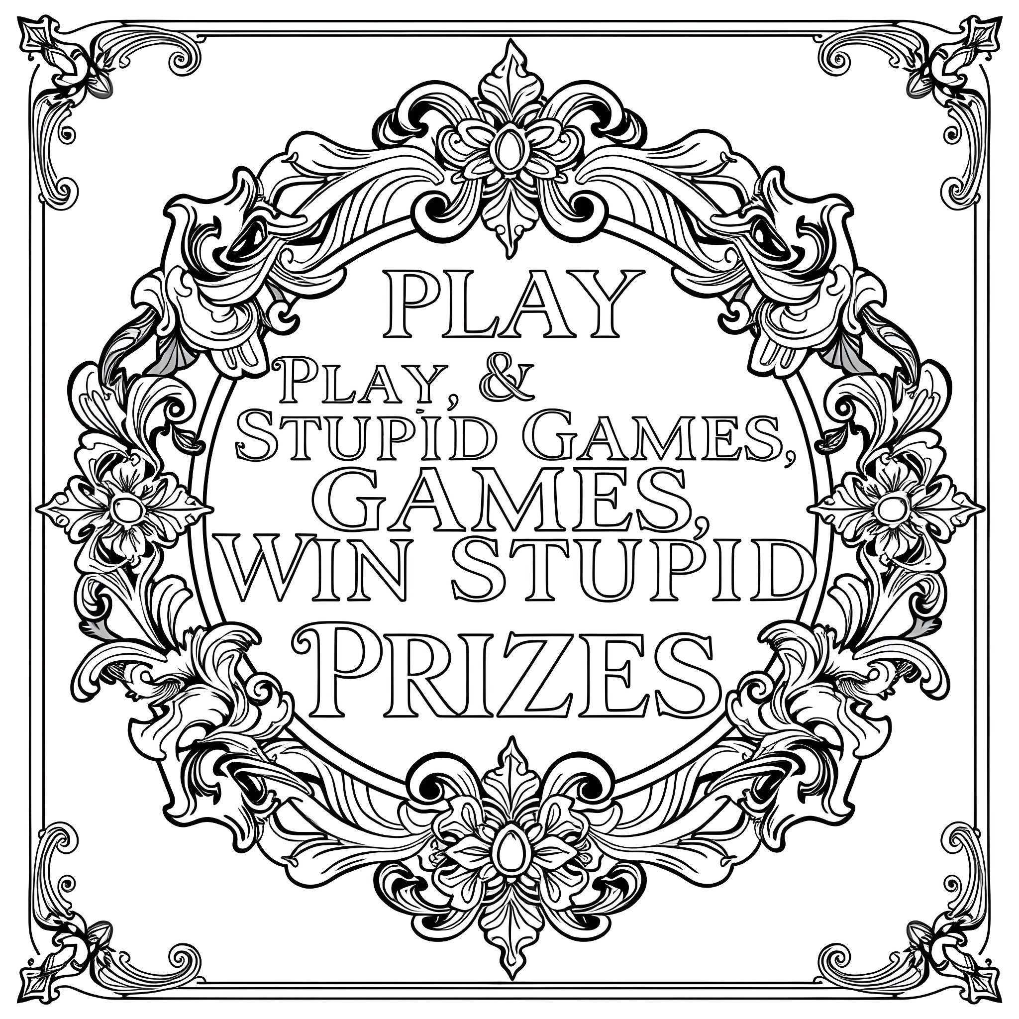 Text with ornamental border displaying play, games, and stupid prizes Coloring Page (free black-and-white line drawing printable PDF for all, from beginners to advanced learners, including children, teens, adults, and seniors)