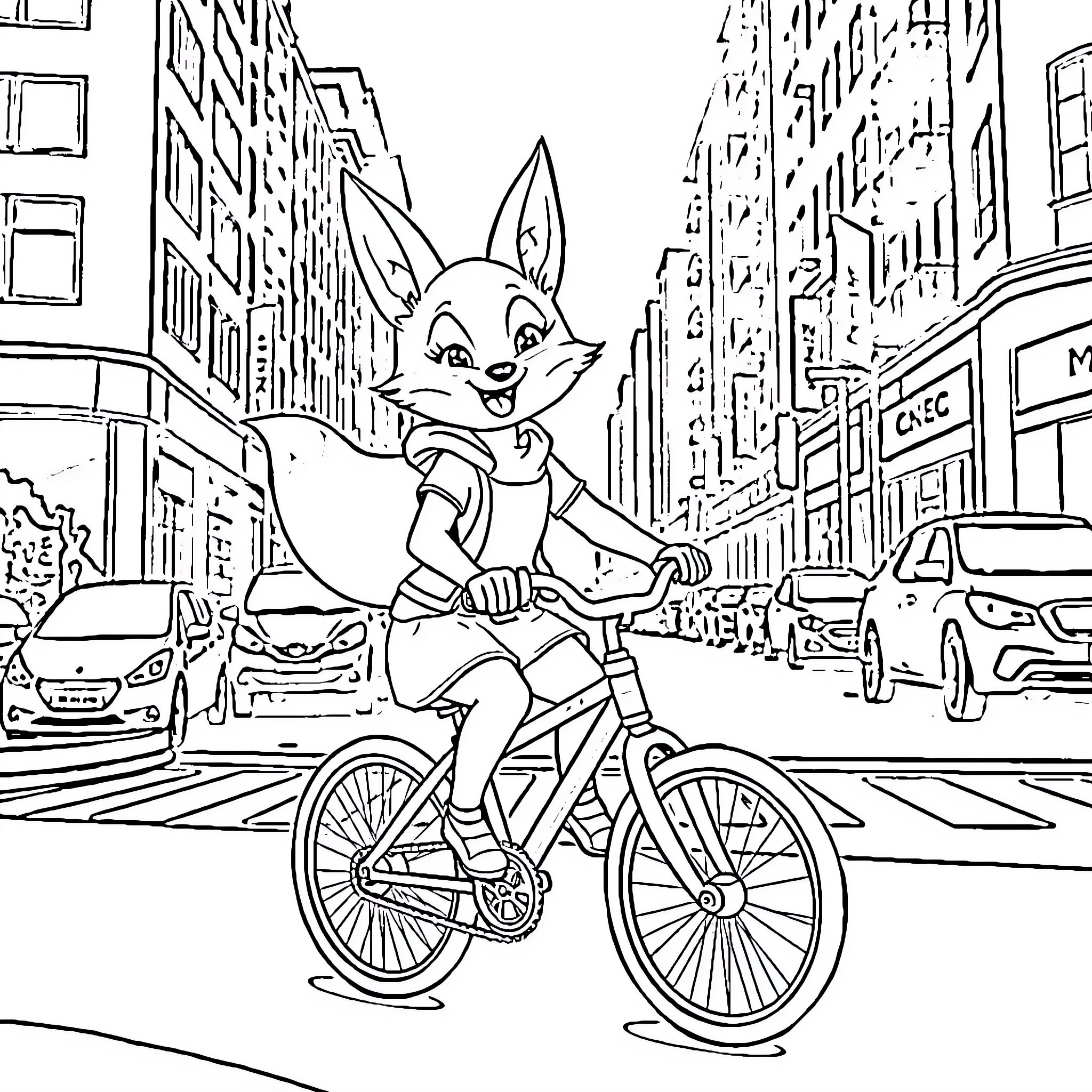 Fox Girl Riding Bicycle in the City Coloring Page (free black-and-white line drawing printable PDF for all, from beginners to advanced learners, including children, teens, adults, and seniors)