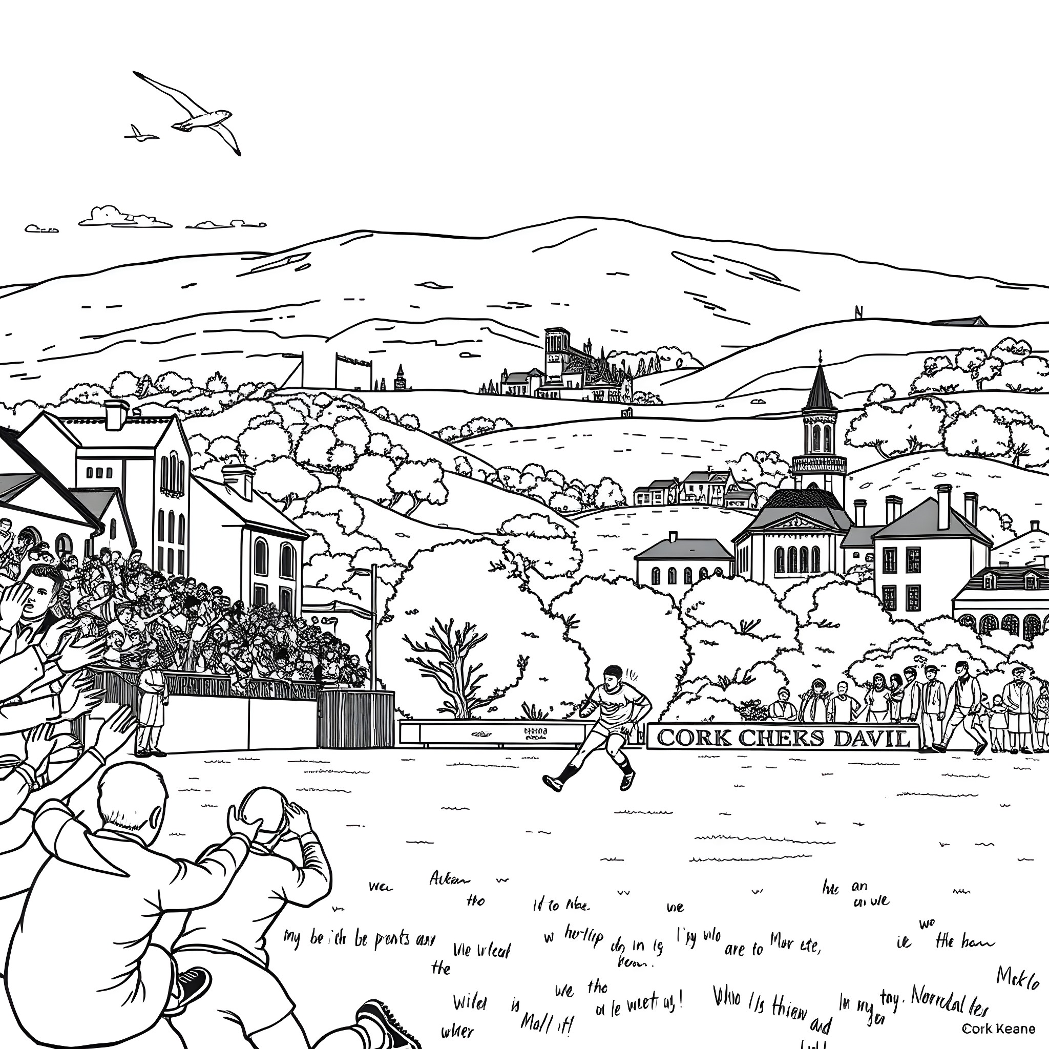 Roy Keane discussing with teammates on a football field Coloring Page (free black-and-white line drawing printable PDF for all, from beginners to advanced learners, including children, teens, adults, and seniors)