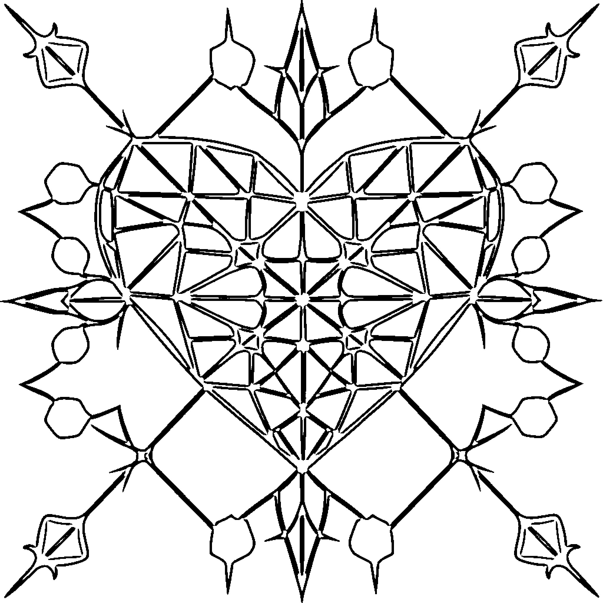 Heart Shaped Geometric Pattern Coloring Page (free black-and-white line drawing printable PDF for all, from beginners to advanced learners, including children, teens, adults, and seniors)