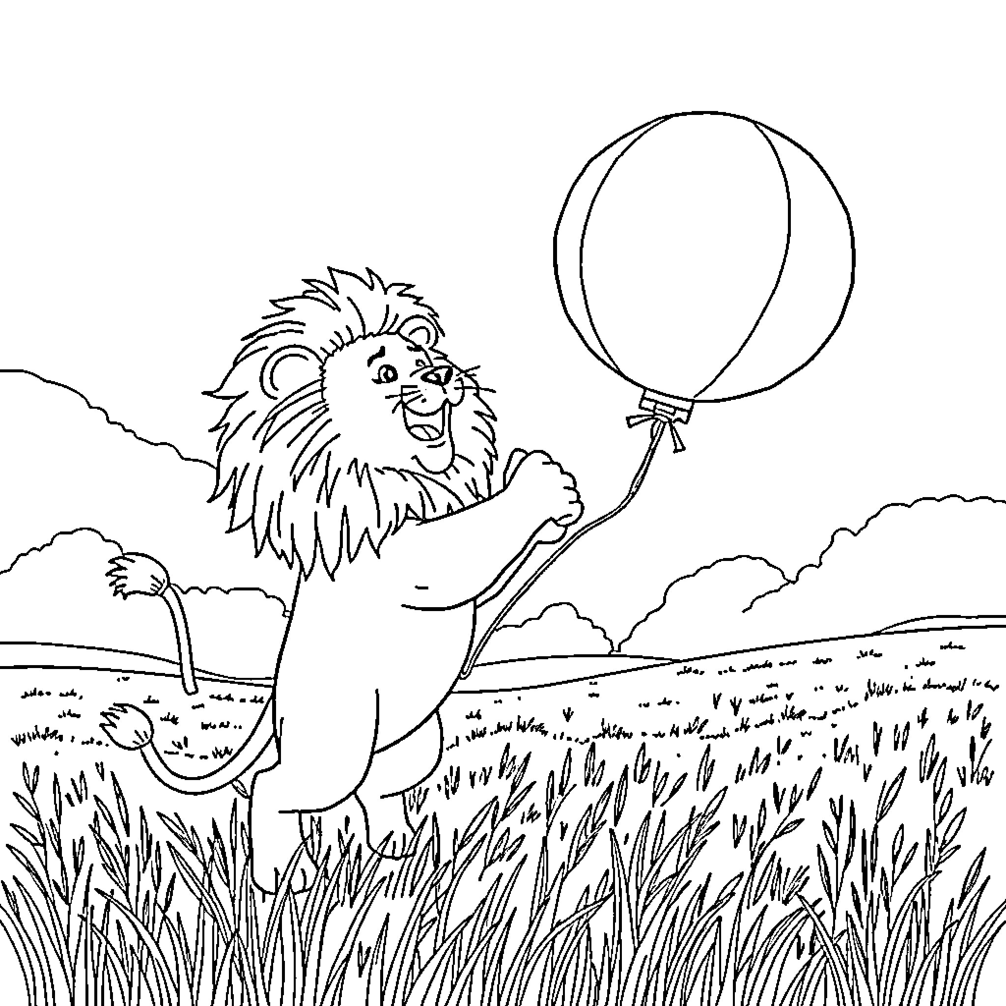 Lion playing with a balloon in the meadow Coloring Page (free black-and-white line drawing printable PDF for all, from beginners to advanced learners, including children, teens, adults, and seniors)