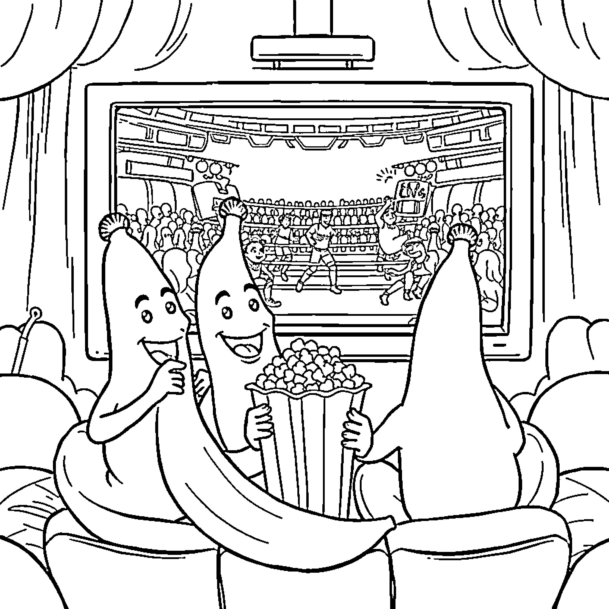 Banana characters enjoying a movie in the theater Coloring Page (free black-and-white line drawing printable PDF for all, from beginners to advanced learners, including children, teens, adults, and seniors)