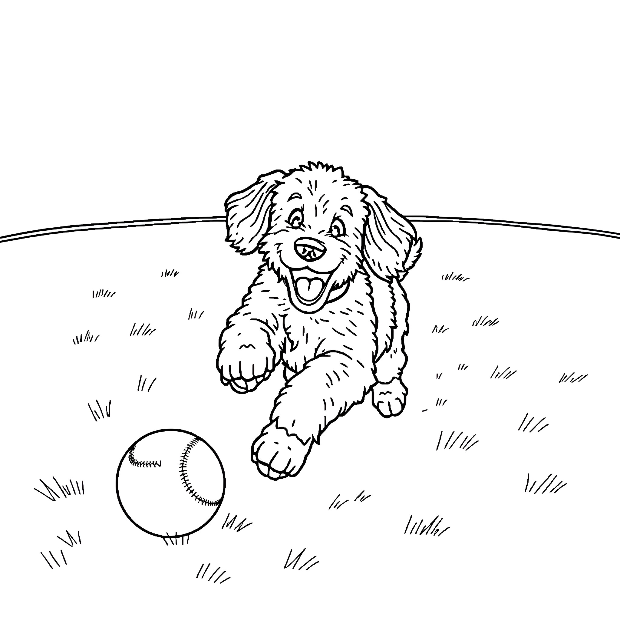Goldendoodle fetching a ball in the park Coloring Page (free black-and-white line drawing printable PDF for all, from beginners to advanced learners, including children, teens, adults, and seniors)