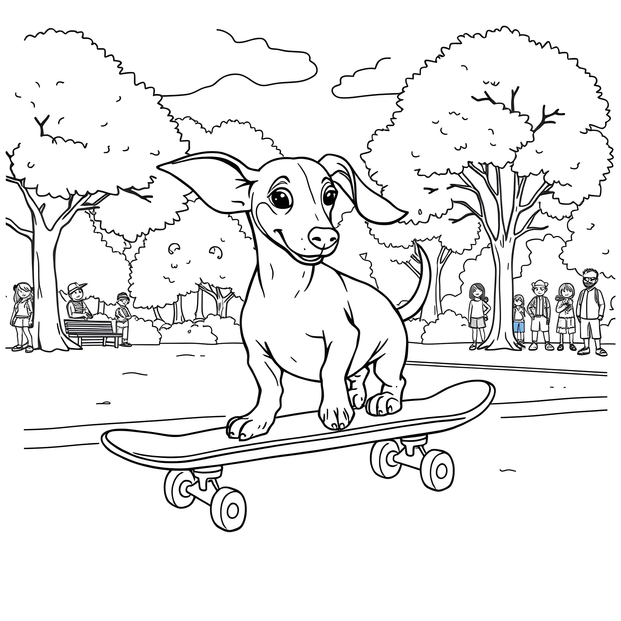 Dachshund enjoying a skateboard ride in the park Coloring Page (free black-and-white line drawing printable PDF for all, from beginners to advanced learners, including children, teens, adults, and seniors)