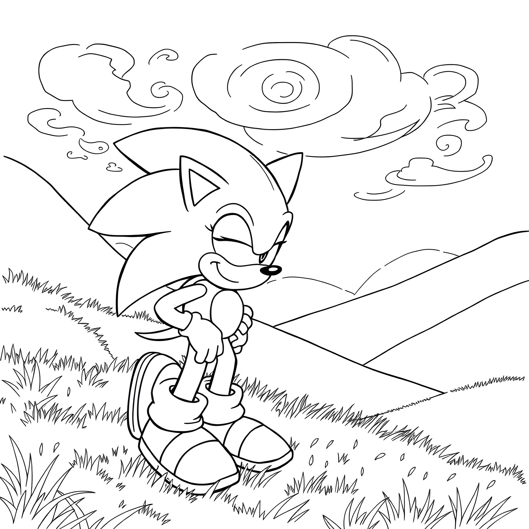 Sonic enjoying a serene outdoor scene Coloring Page (free black-and-white line drawing printable PDF for all, from beginners to advanced learners, including children, teens, adults, and seniors)