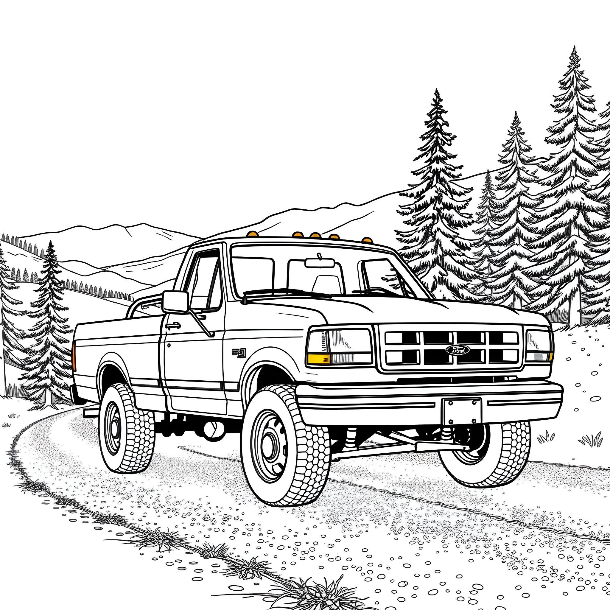 Ford F350 Truck in Snowy Wilderness Coloring Page (free black-and-white line drawing printable PDF for all, from beginners to advanced learners, including children, teens, adults, and seniors)