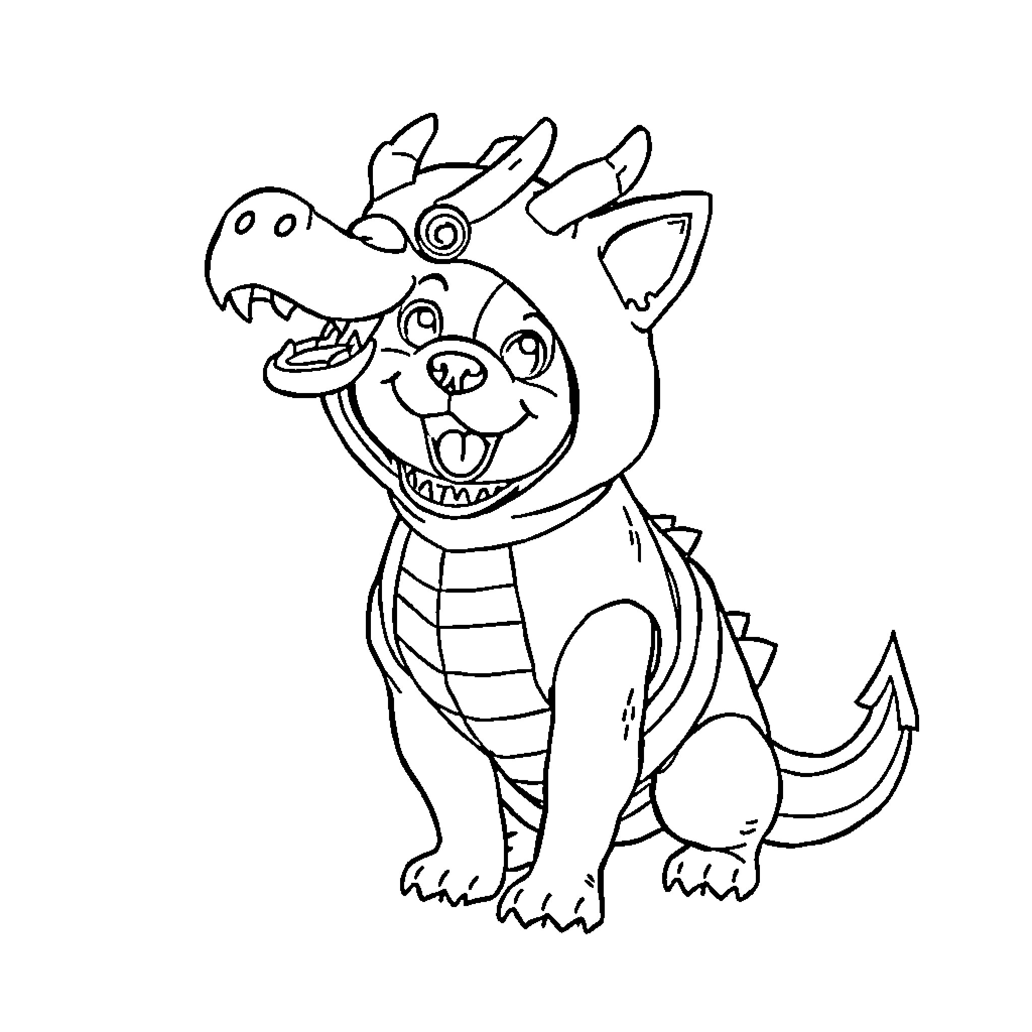 Dog with a silly grin and spiky hat Coloring Page (free black-and-white line drawing printable PDF for all, from beginners to advanced learners, including children, teens, adults, and seniors)