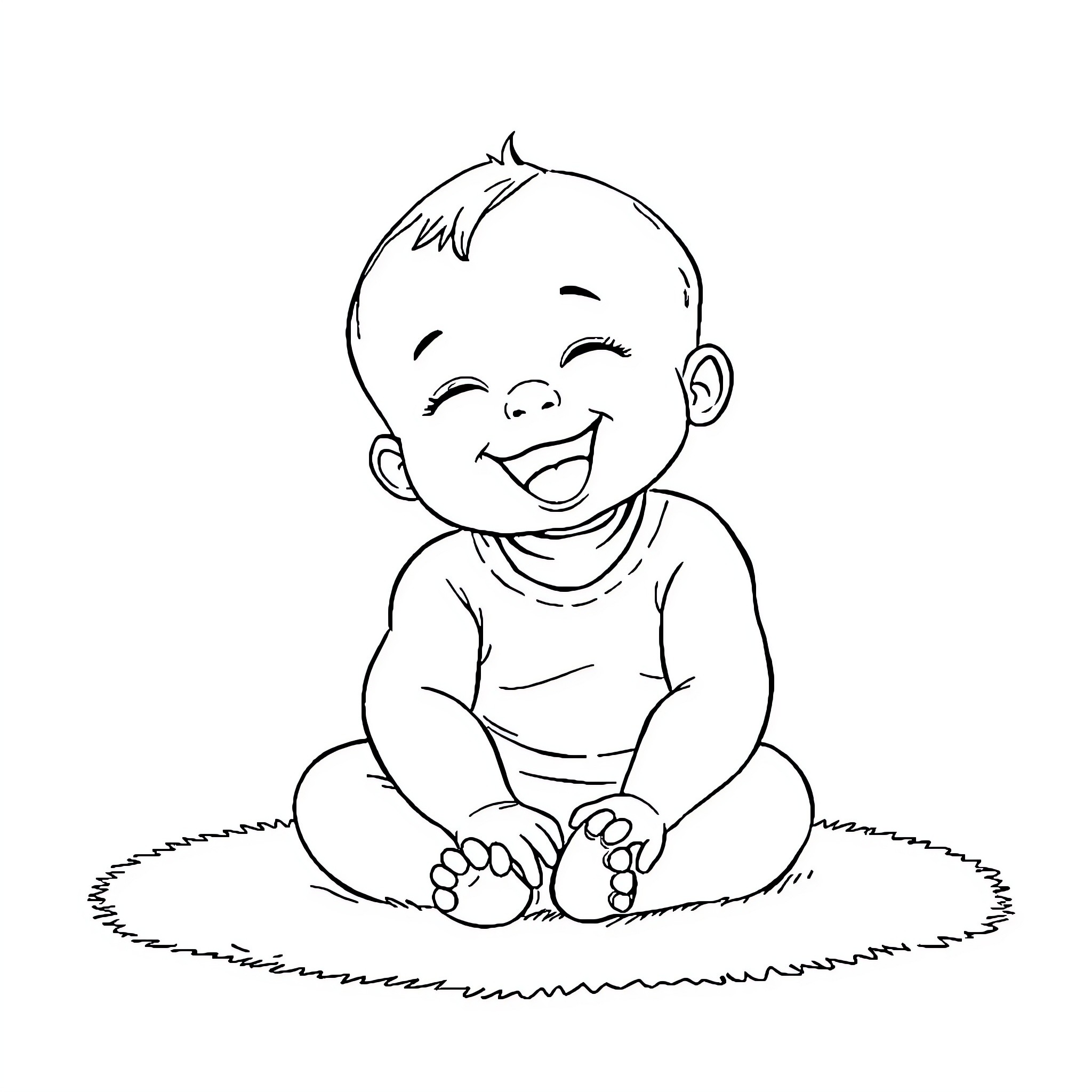 Baby happily sitting on the grass Coloring Page (free black-and-white line drawing printable PDF for all, from beginners to advanced learners, including children, teens, adults, and seniors)