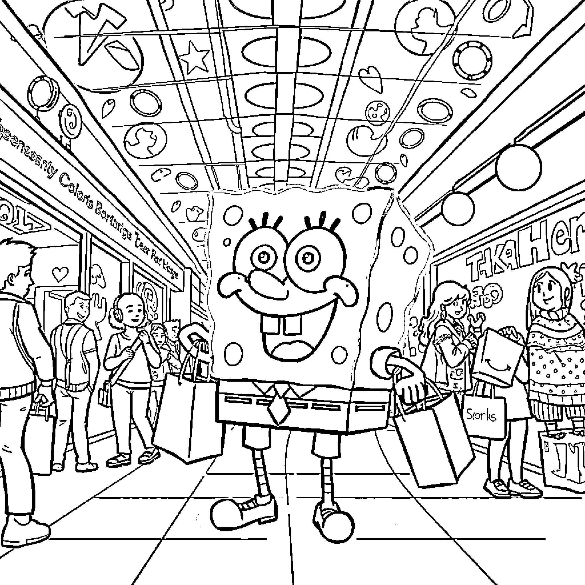 Spongebob in a busy and colorful underwater scene Coloring Page (free black-and-white line drawing printable PDF for all, from beginners to advanced learners, including children, teens, adults, and seniors)