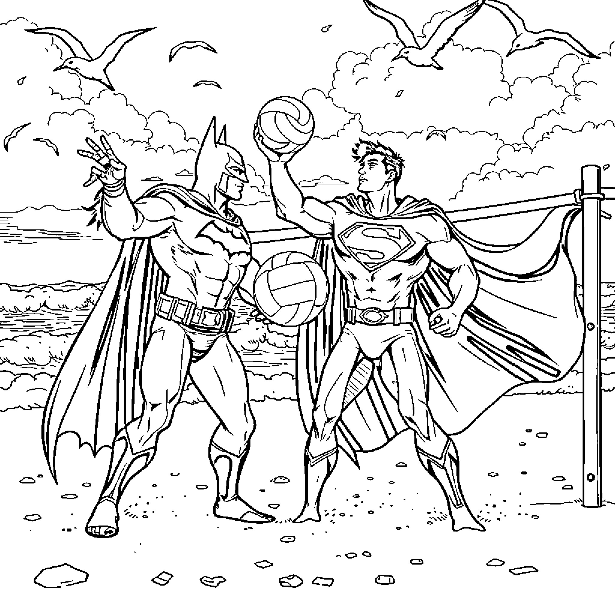 Batman and Superman playing beach volleyball Coloring Page (free black-and-white line drawing printable PDF for all, from beginners to advanced learners, including children, teens, adults, and seniors)