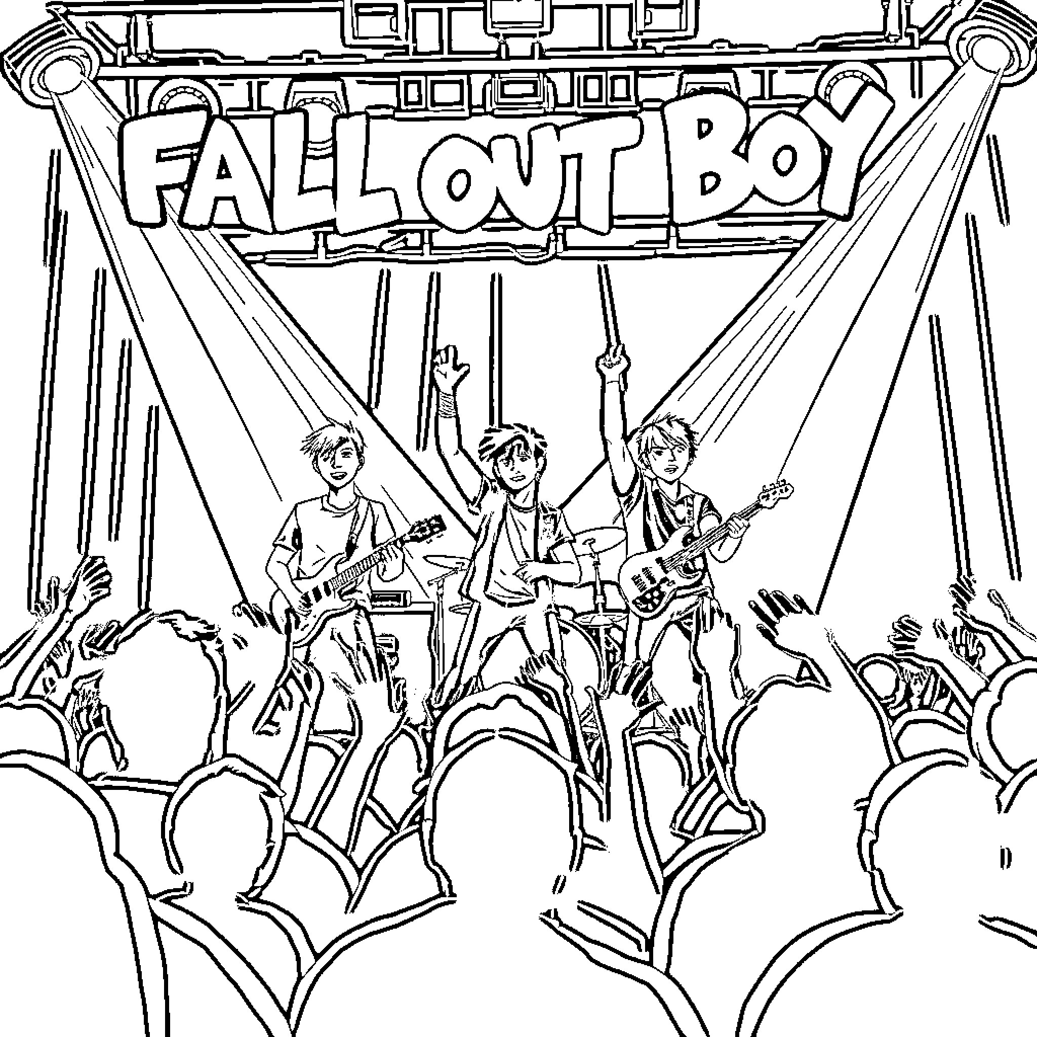 Fall Out Boy Performing on Stage Coloring Page (free black-and-white line drawing printable PDF for all, from beginners to advanced learners, including children, teens, adults, and seniors)