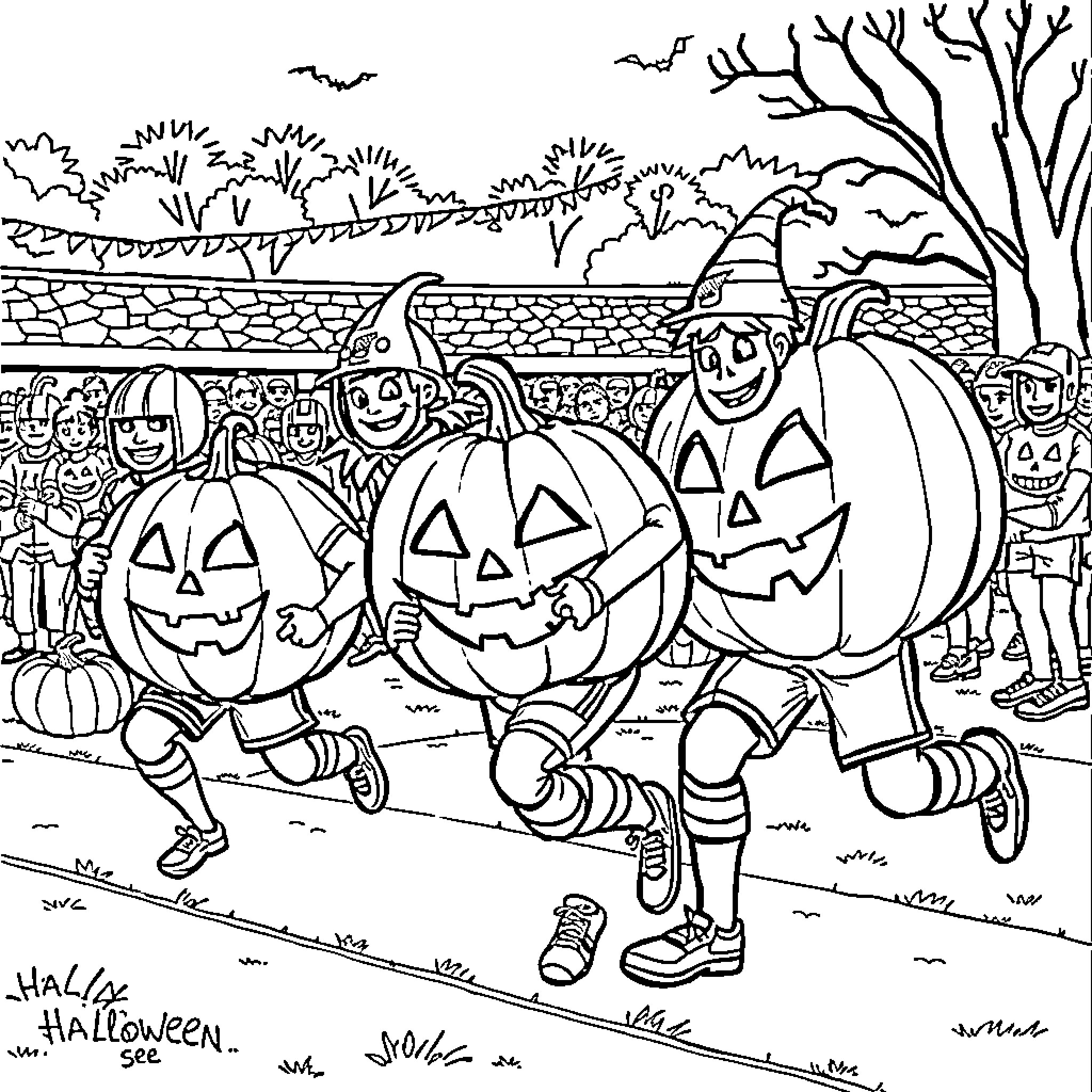 Sport of Halloween Costume Parade Coloring Page (free black-and-white line drawing printable PDF for all, from beginners to advanced learners, including children, teens, adults, and seniors)