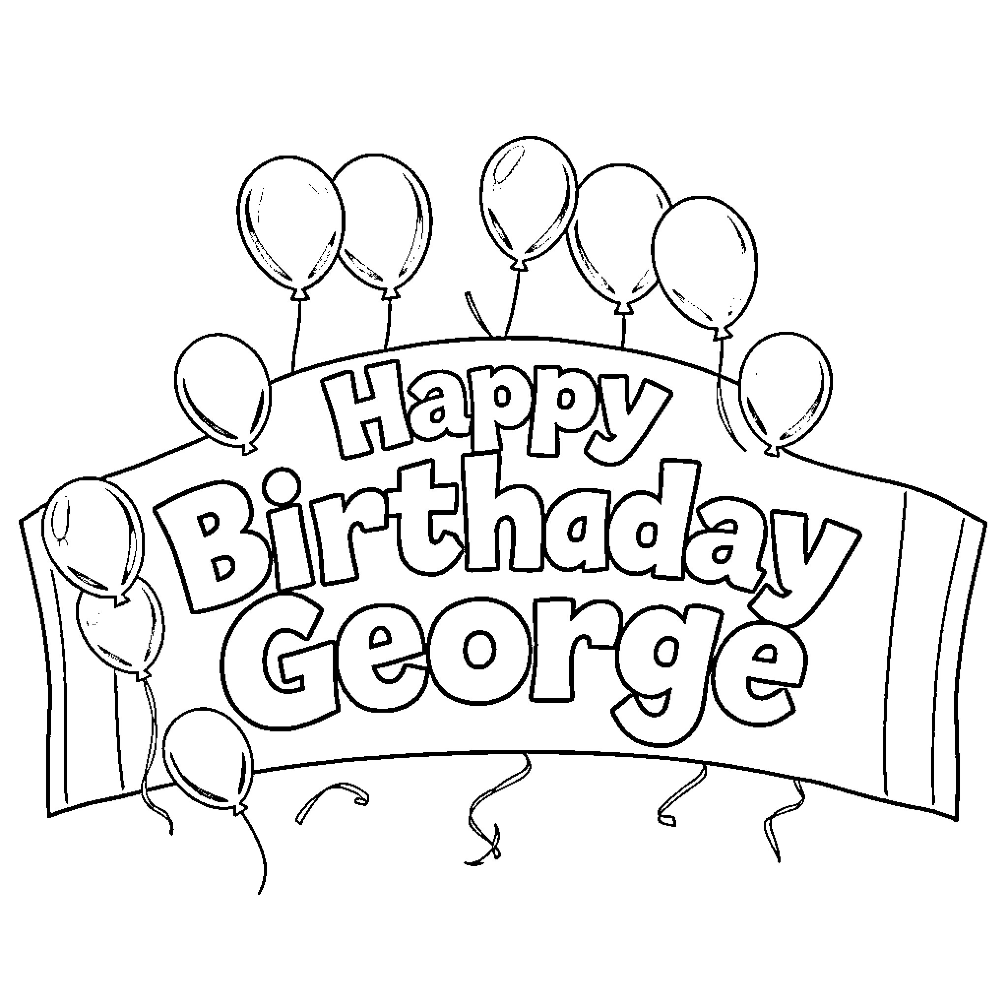 Birthday celebration with balloons for George Coloring Page (free black-and-white line drawing printable PDF for all, from beginners to advanced learners, including children, teens, adults, and seniors)