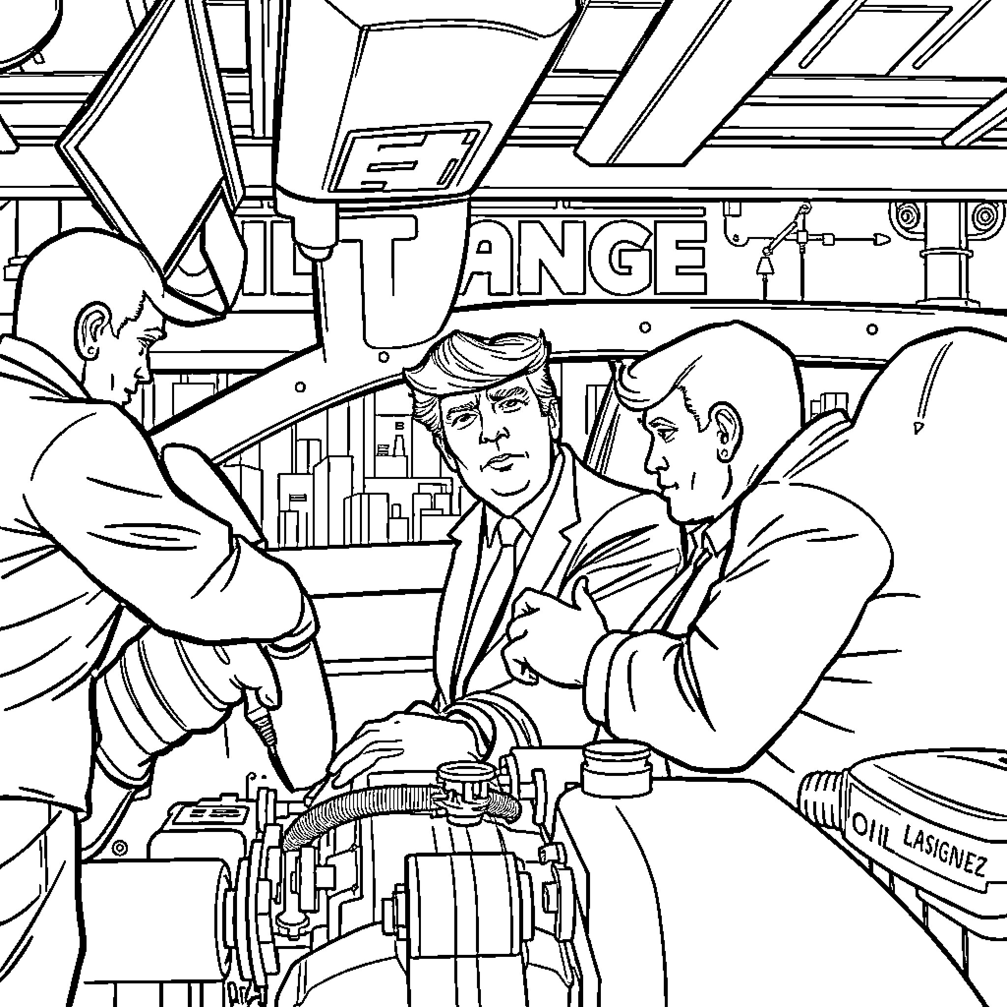 Trump Shaking Hands with Supporters in Front of a Bus Coloring Page (free black-and-white line drawing printable PDF for all, from beginners to advanced learners, including children, teens, adults, and seniors)