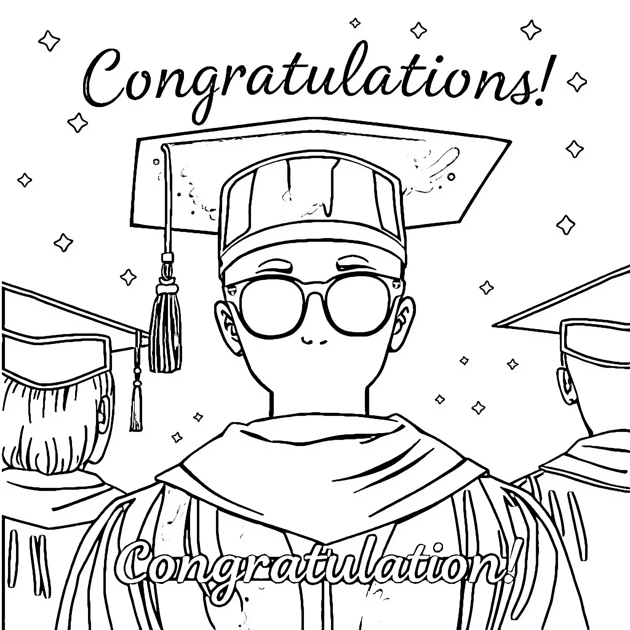 Masters of Graduation Celebration Coloring Page (free black-and-white line drawing printable PDF for all, from beginners to advanced learners, including children, teens, adults, and seniors)