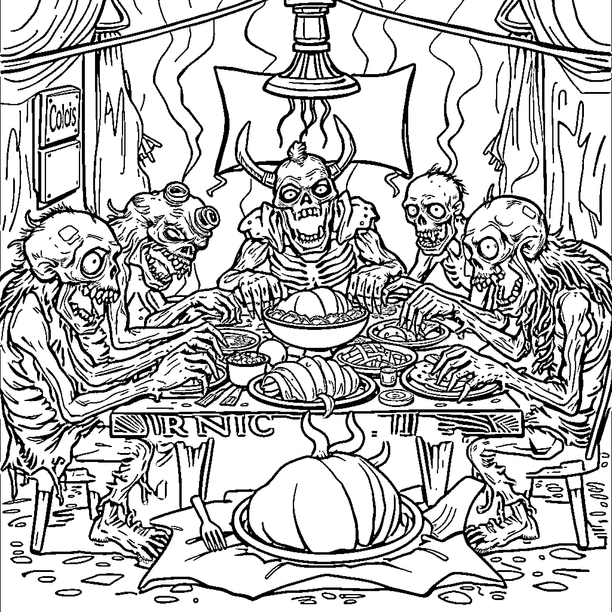 Zombie Feast at the Sinister Dining Hall Coloring Page (free black-and-white line drawing printable PDF for all, from beginners to advanced learners, including children, teens, adults, and seniors)
