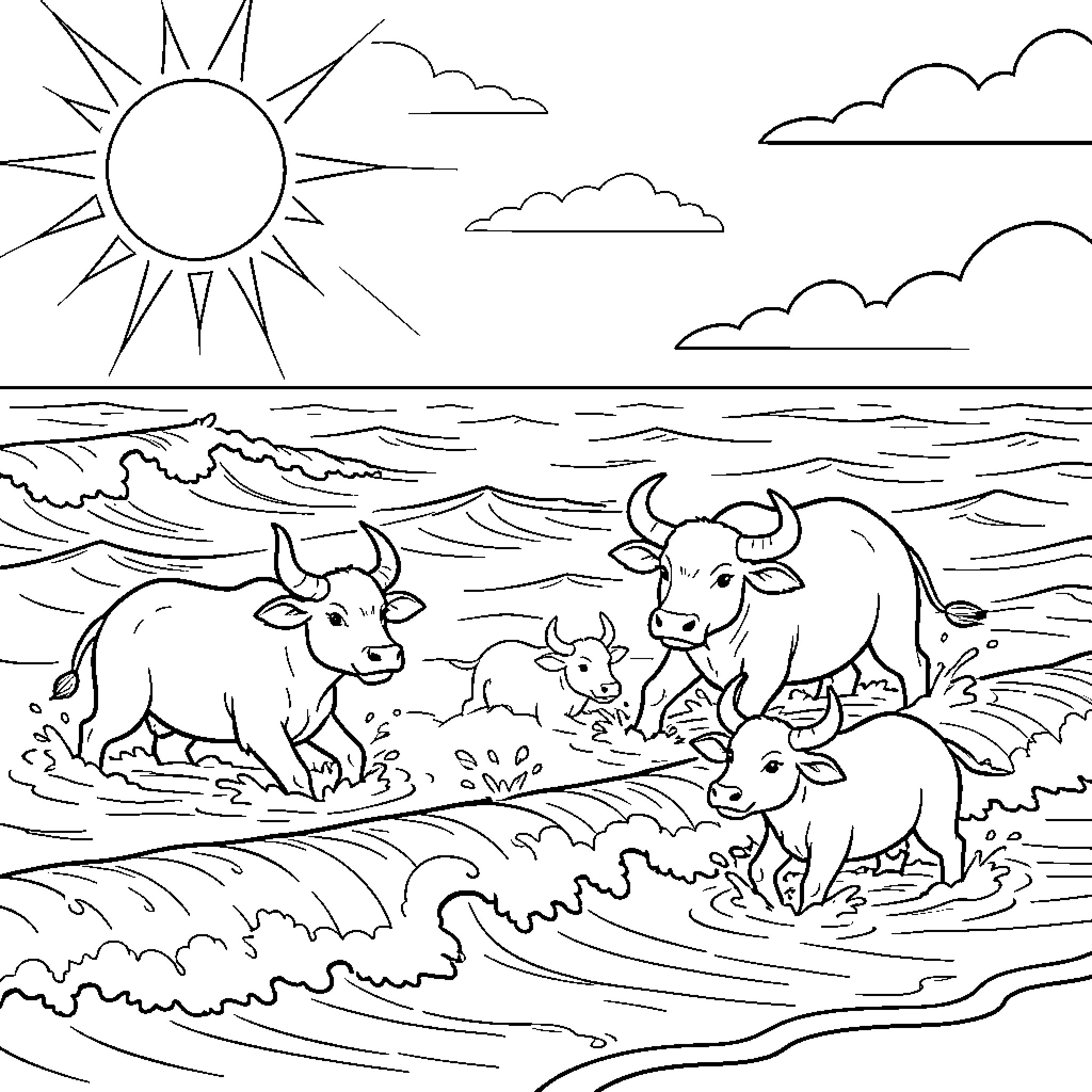 Búfalo herd cooling off in the ocean waves Coloring Page (free black-and-white line drawing printable PDF for all, from beginners to advanced learners, including children, teens, adults, and seniors)