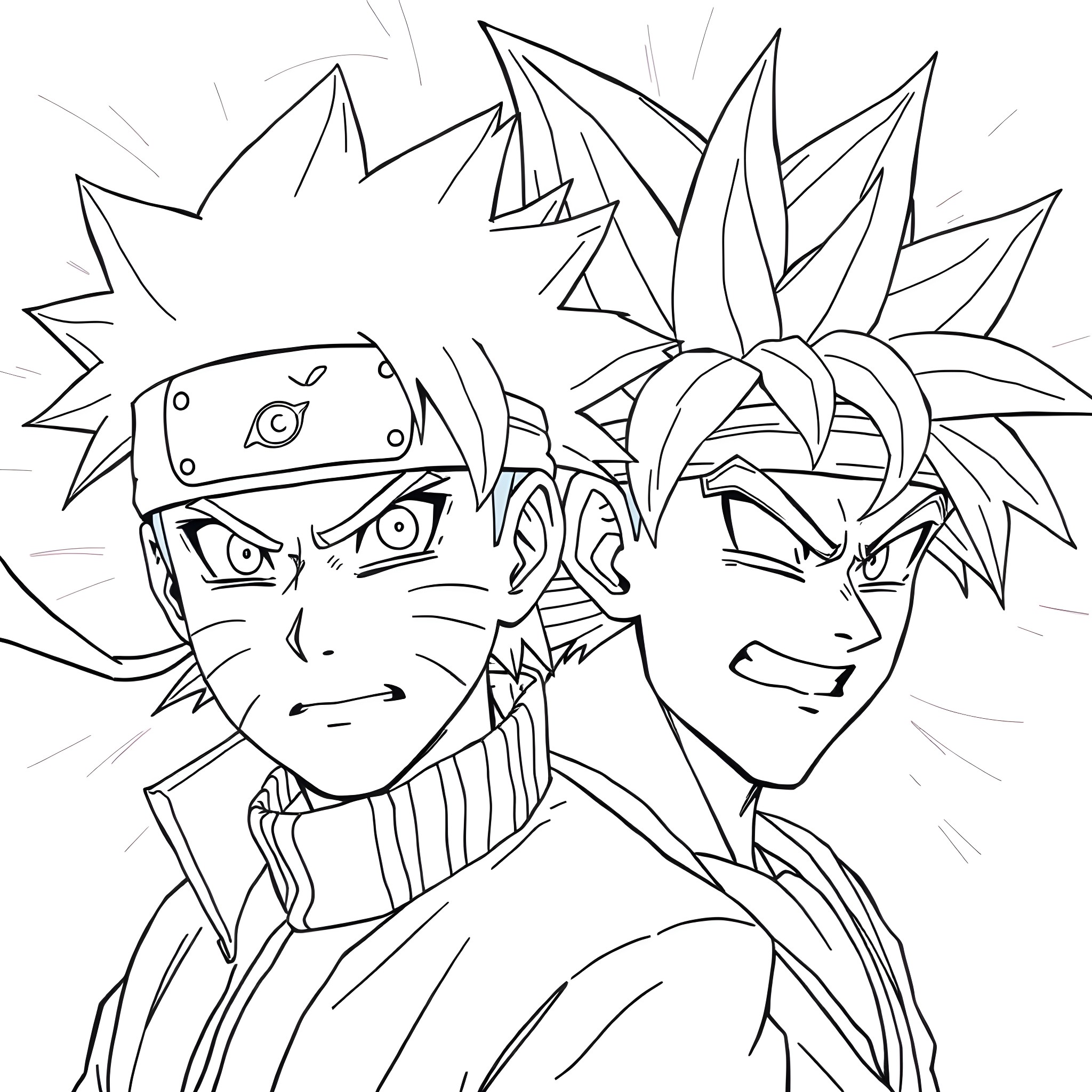 Naruto and friends in heroic action poses Coloring Page (free black-and-white line drawing printable PDF for all, from beginners to advanced learners, including children, teens, adults, and seniors)