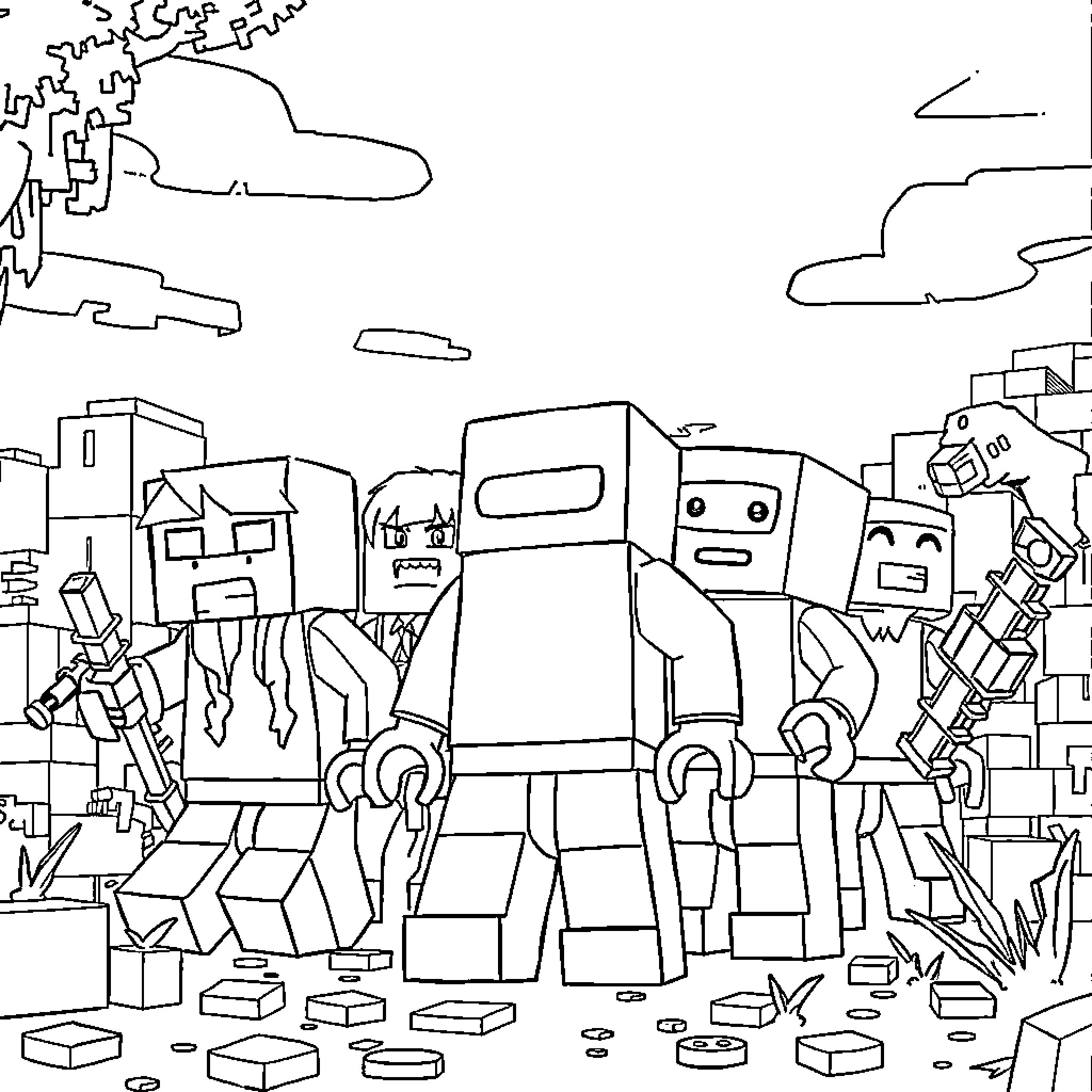 Among Us Characters in a Chaotic Cityscape Coloring Page (free black-and-white line drawing printable PDF for all, from beginners to advanced learners, including children, teens, adults, and seniors)