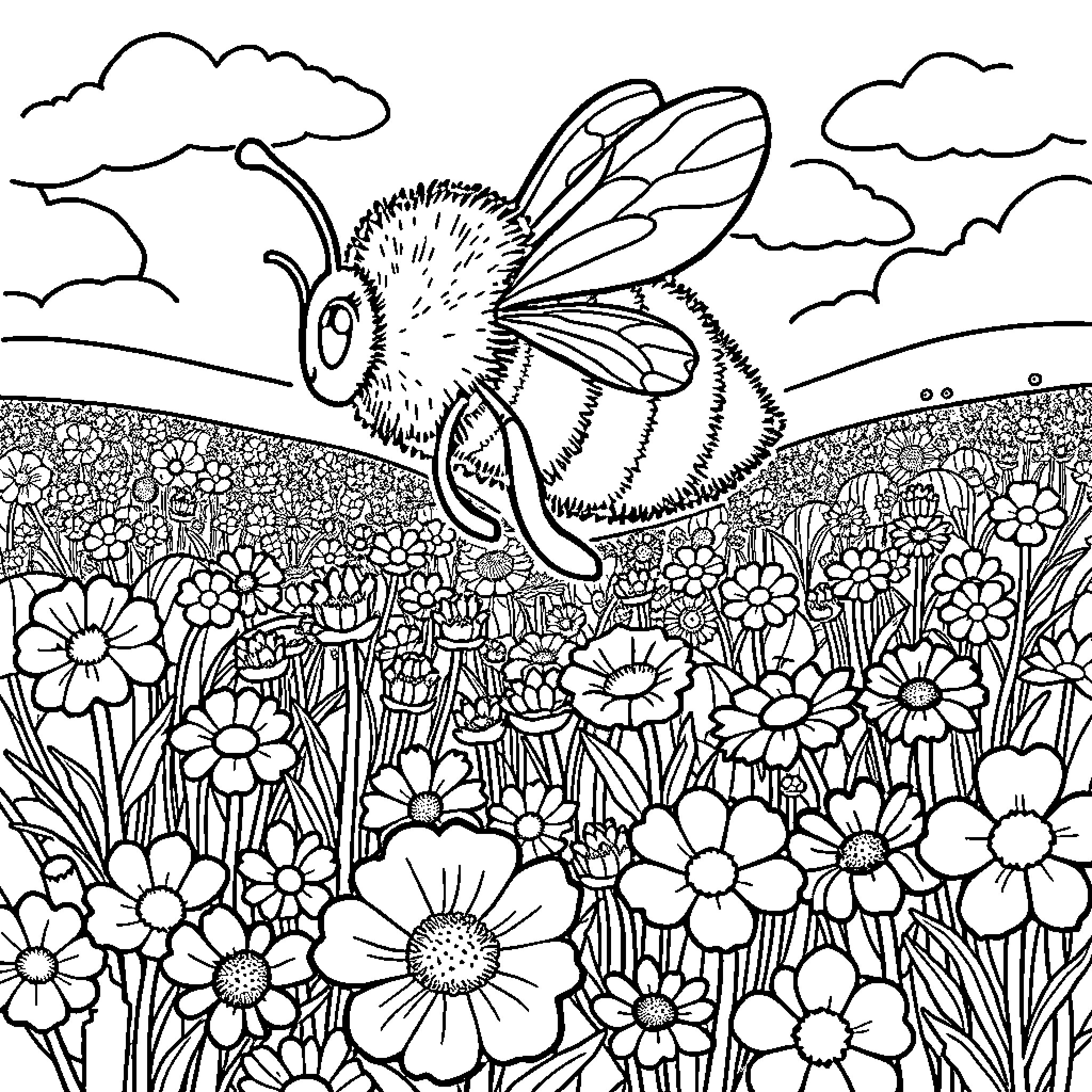 Bee exploring a colorful floral meadow Coloring Page (free black-and-white line drawing printable PDF for all, from beginners to advanced learners, including children, teens, adults, and seniors)