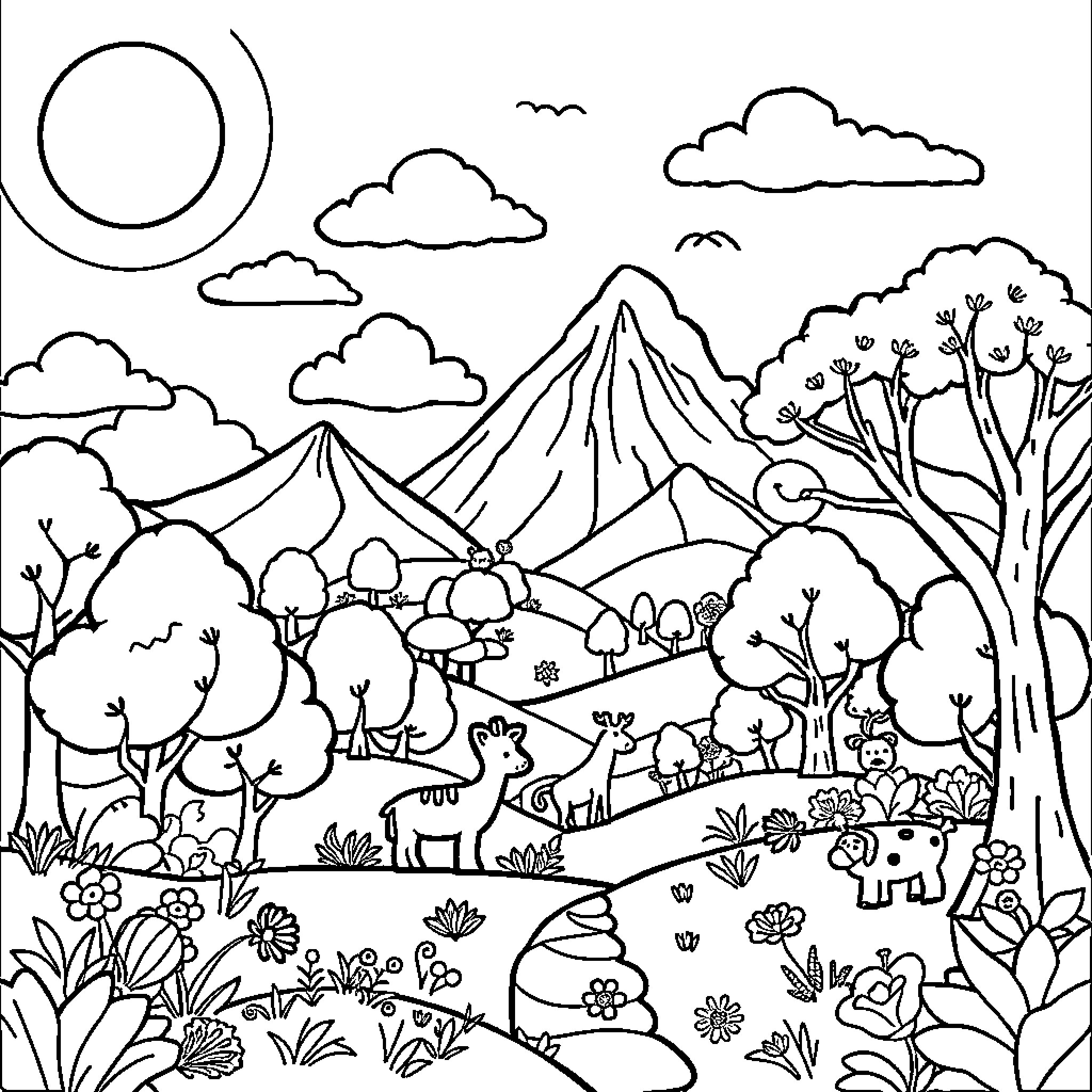 Landscape with wildlife and natural scenery Coloring Page (free black-and-white line drawing printable PDF for all, from beginners to advanced learners, including children, teens, adults, and seniors)