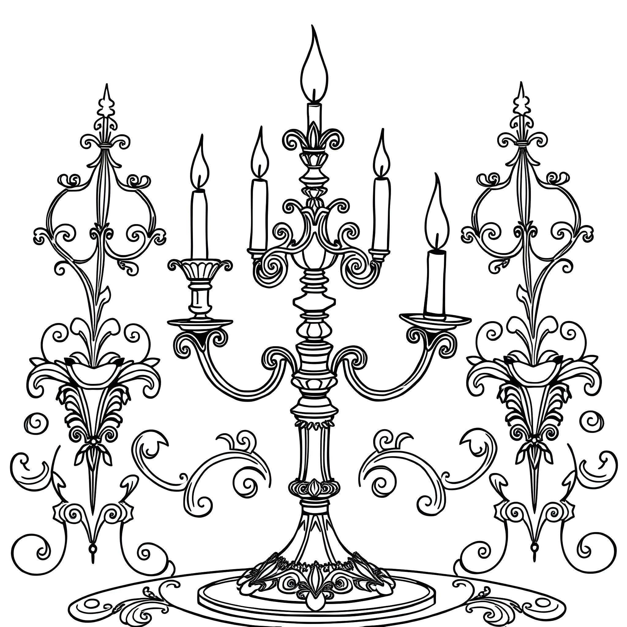 Lumiere - Ornate Candelabra with Flickering Flames Coloring Page (free black-and-white line drawing printable PDF for all, from beginners to advanced learners, including children, teens, adults, and seniors)