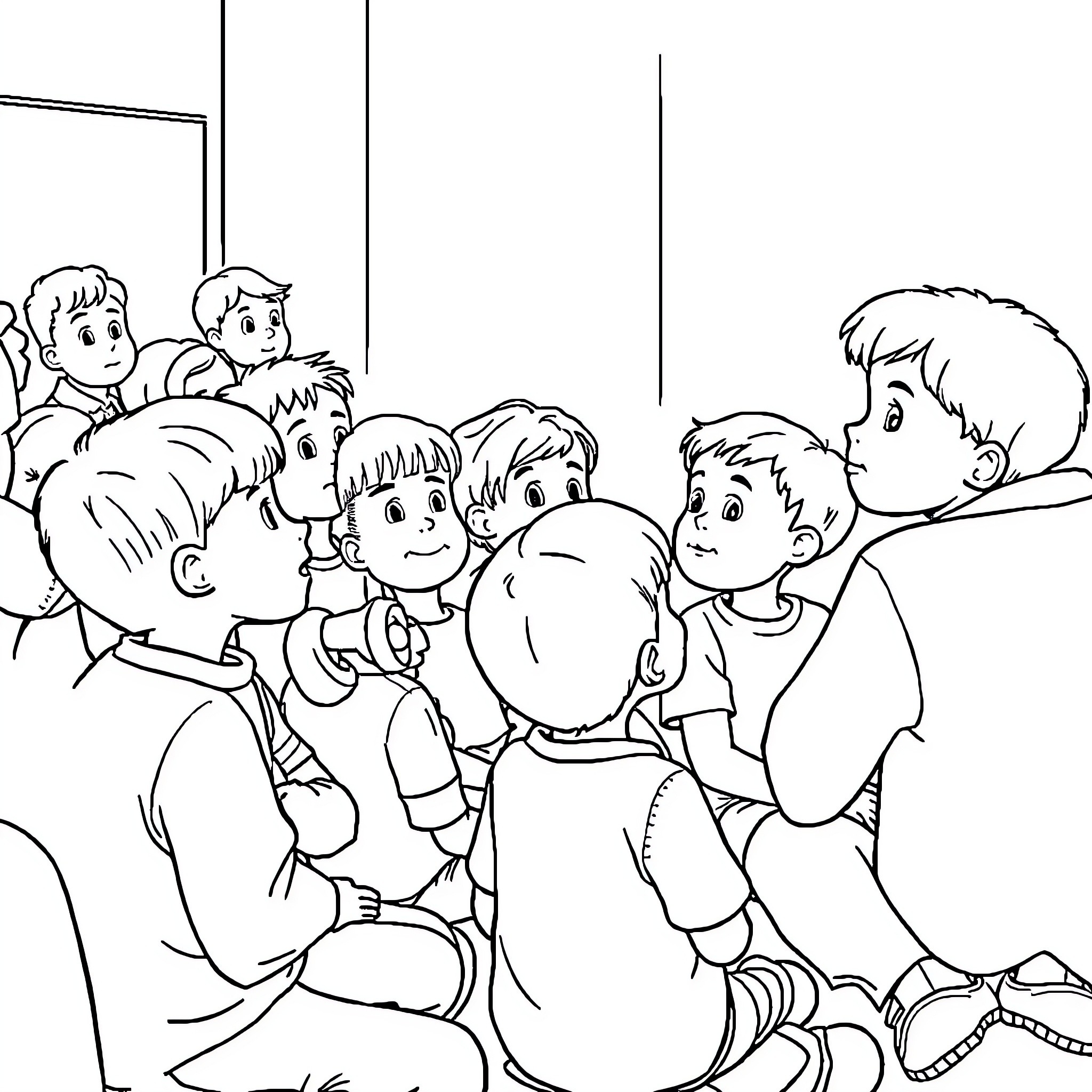 Child gathering with friends in classroom Coloring Page (free black-and-white line drawing printable PDF for all, from beginners to advanced learners, including children, teens, adults, and seniors)