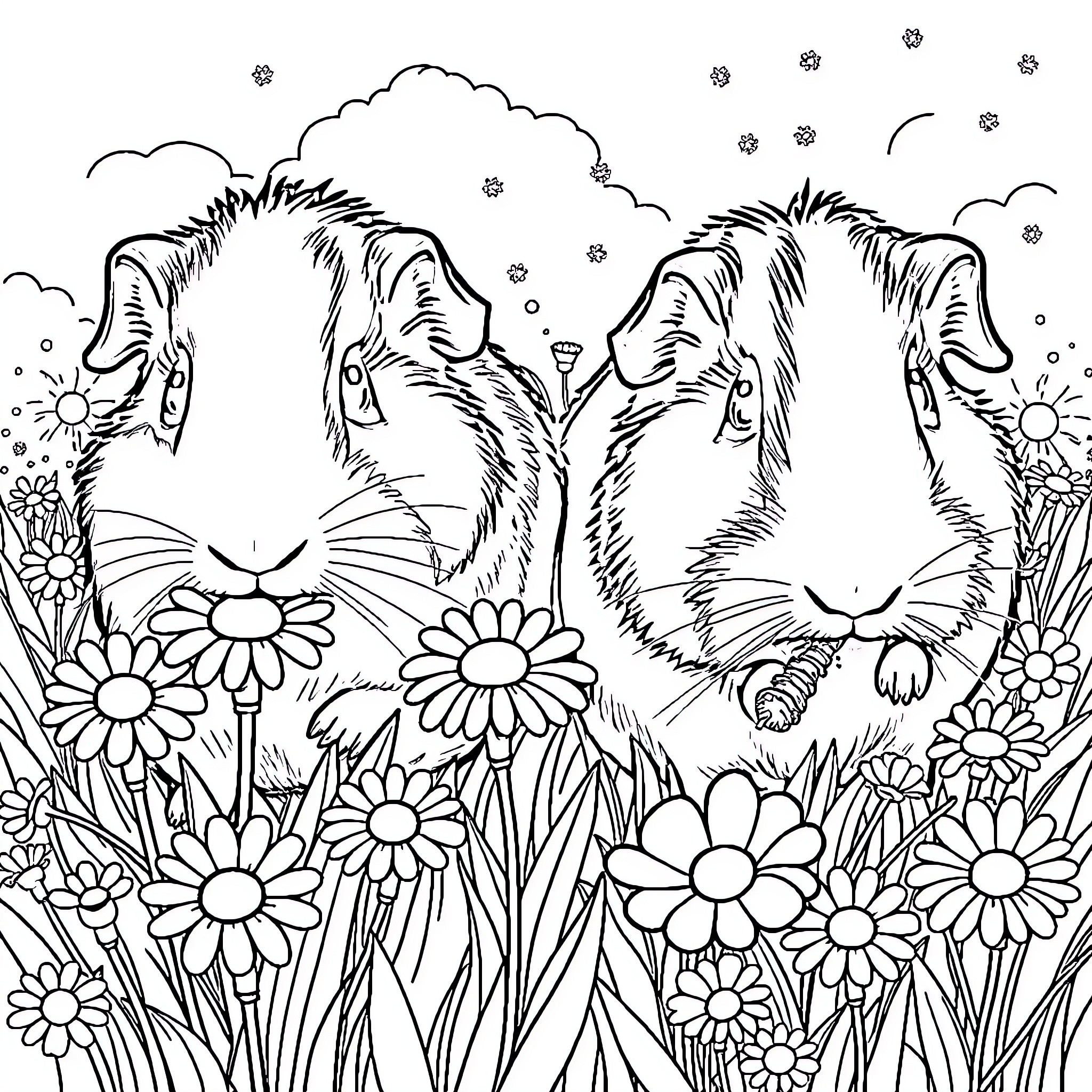 Guinea Pigs playing in a floral field Coloring Page (free black-and-white line drawing printable PDF for all, from beginners to advanced learners, including children, teens, adults, and seniors)