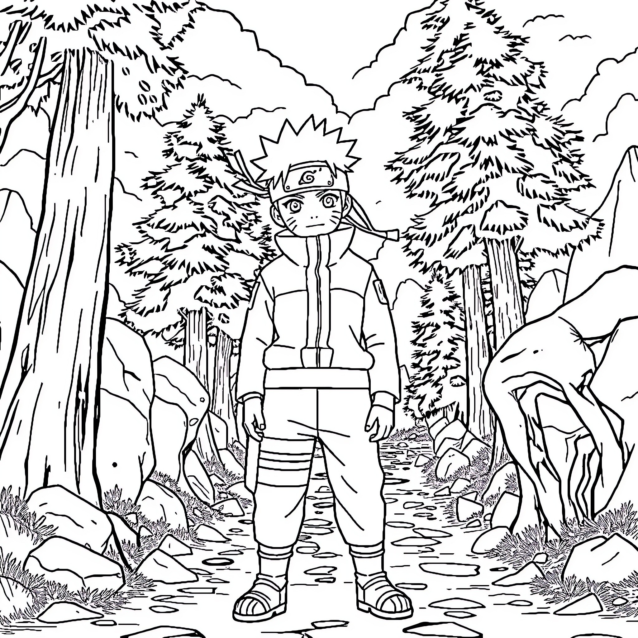 Naruto exploring the wilderness with determination Coloring Page (free black-and-white line drawing printable PDF for all, from beginners to advanced learners, including children, teens, adults, and seniors)