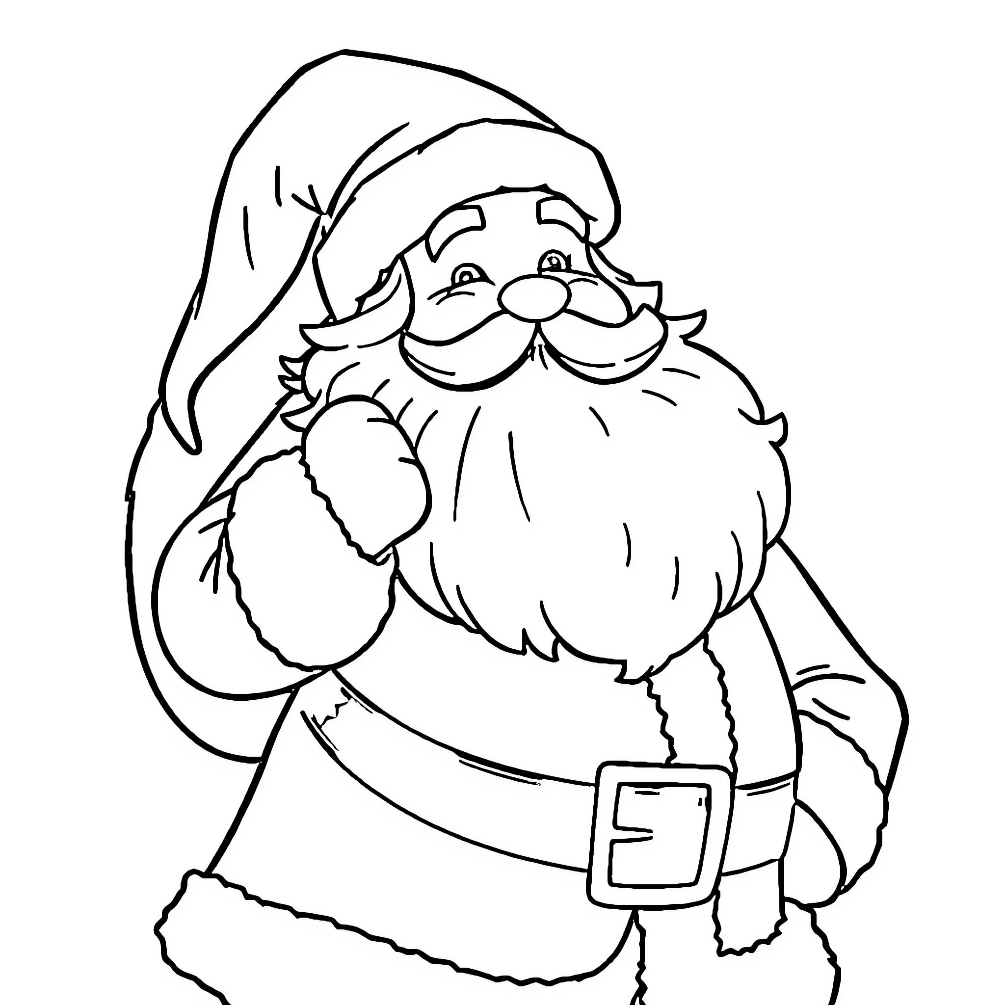 Santa with jolly expression and Christmas outfit Coloring Page (free black-and-white line drawing printable PDF for all, from beginners to advanced learners, including children, teens, adults, and seniors)