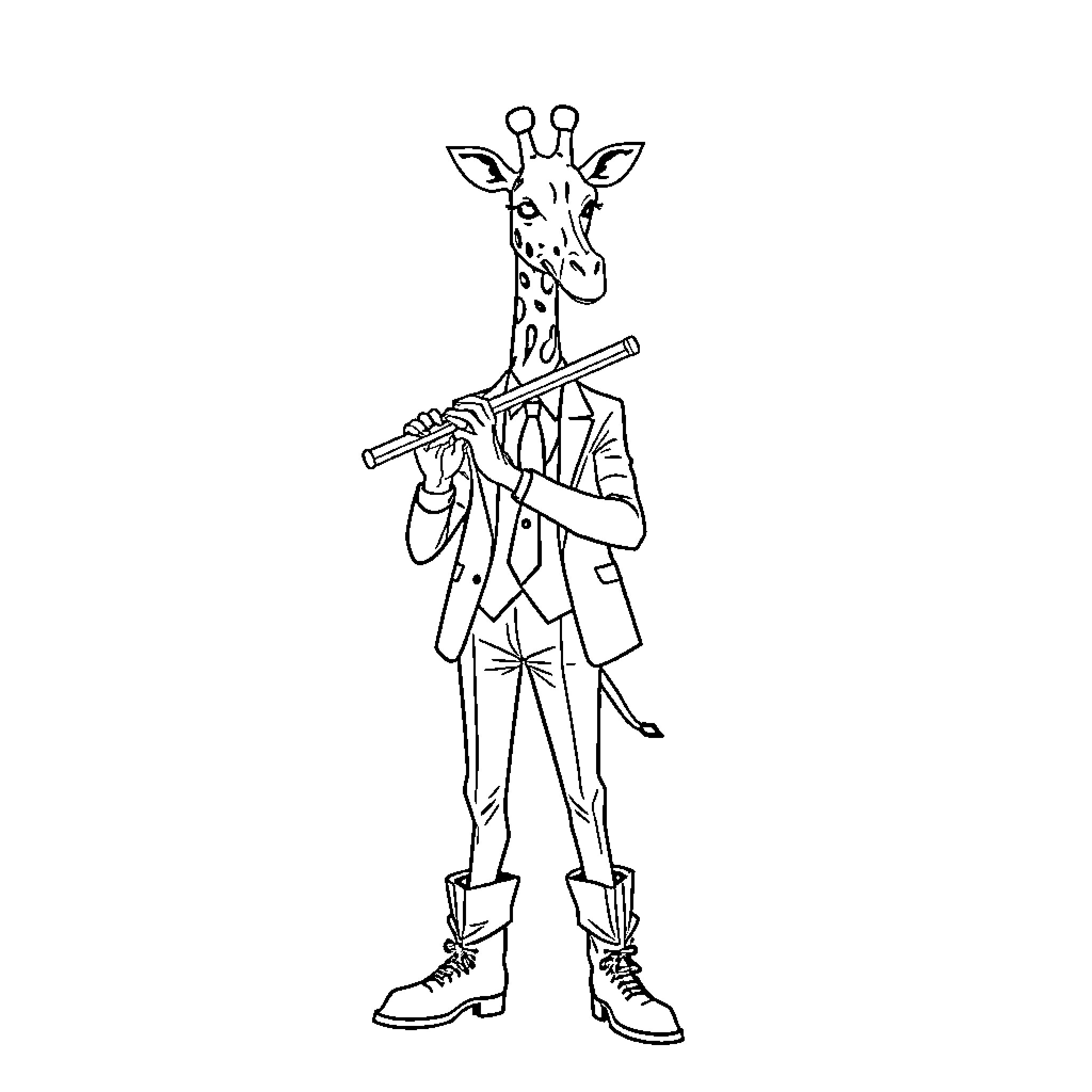 Giraffe playing musical instrument in formal attire Coloring Page (free black-and-white line drawing printable PDF for all, from beginners to advanced learners, including children, teens, adults, and seniors)