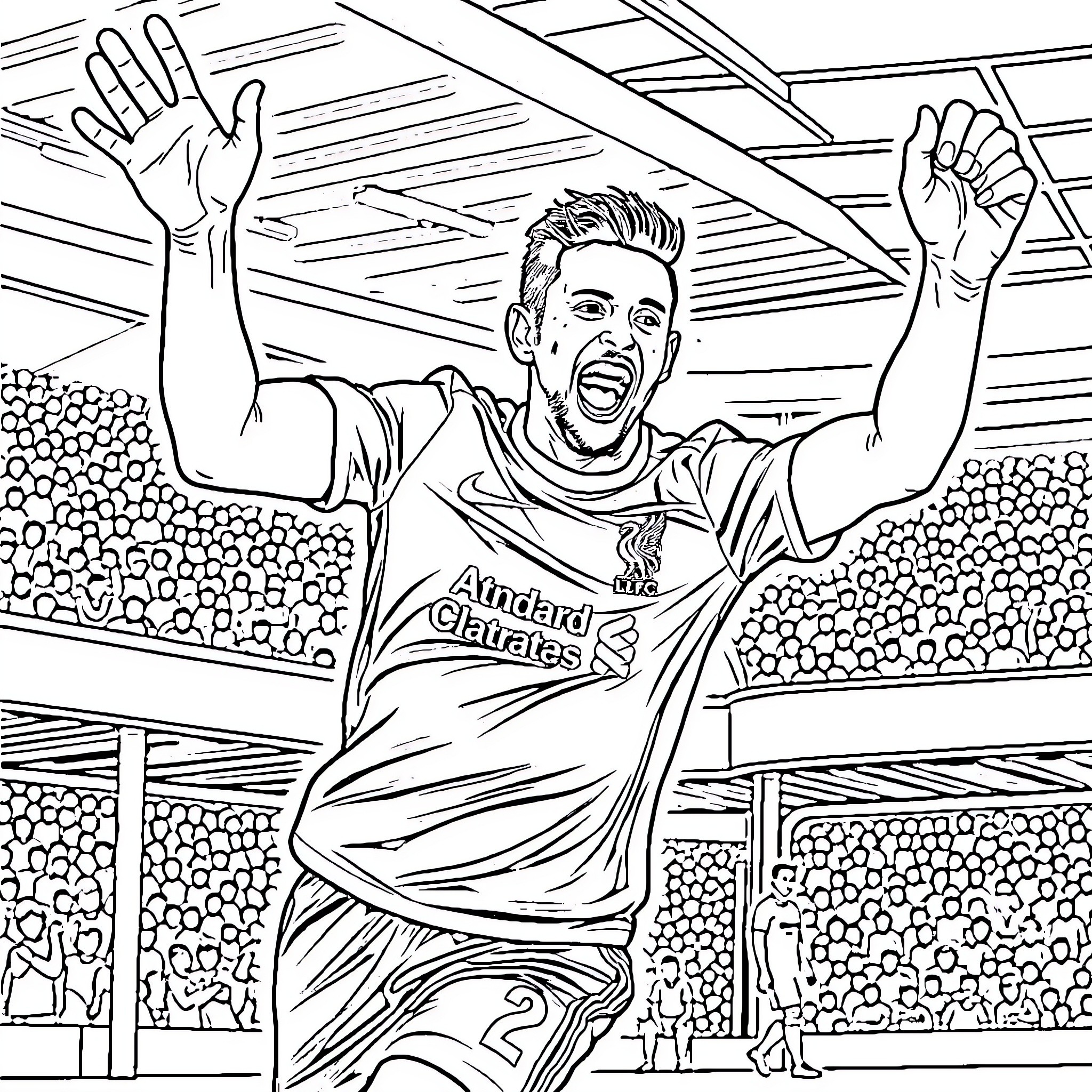 Diogo Jota celebrating after scoring a goal Coloring Page (free black-and-white line drawing printable PDF for all, from beginners to advanced learners, including children, teens, adults, and seniors)