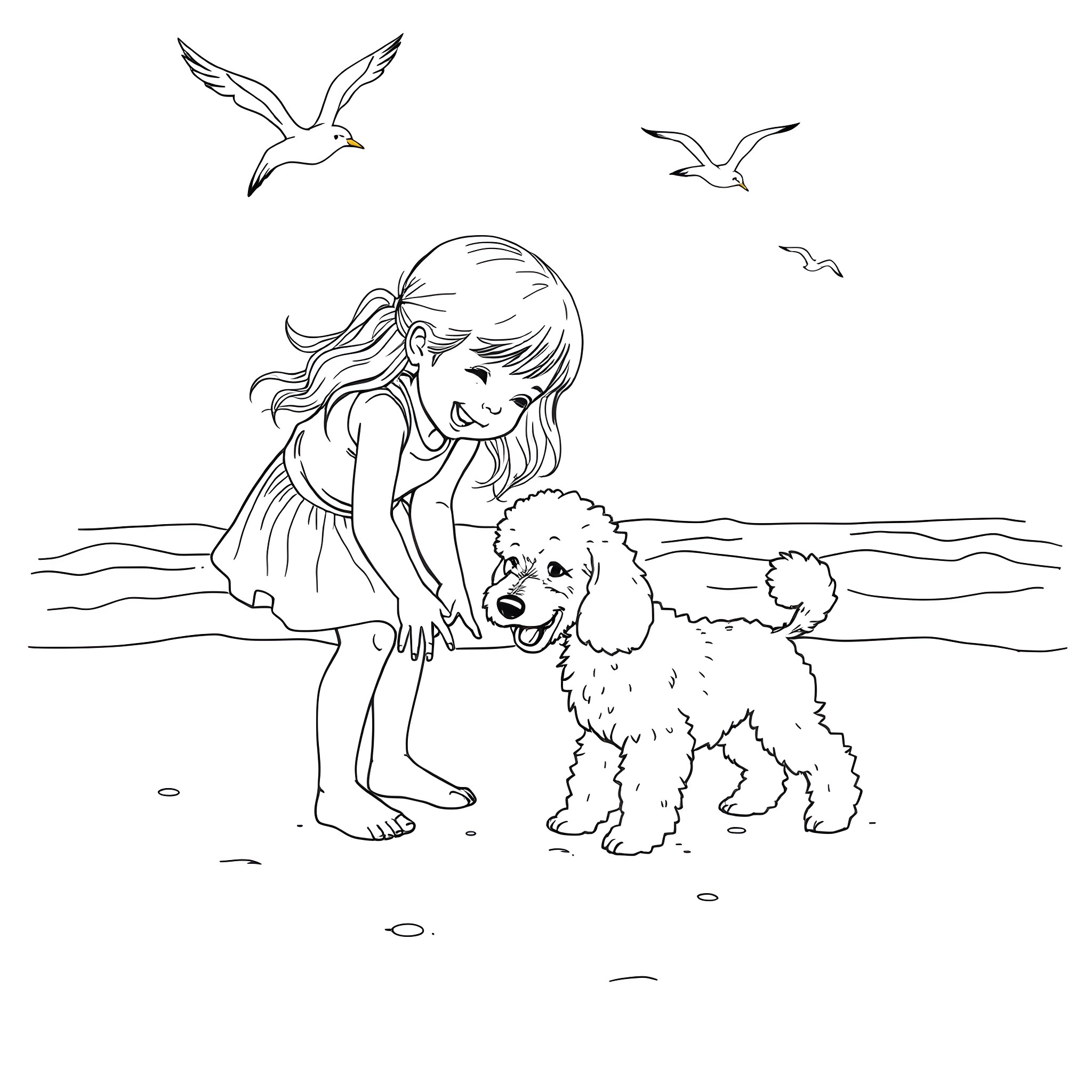 Girl playing with puppy by the sea Coloring Page (free black-and-white line drawing printable PDF for all, from beginners to advanced learners, including children, teens, adults, and seniors)