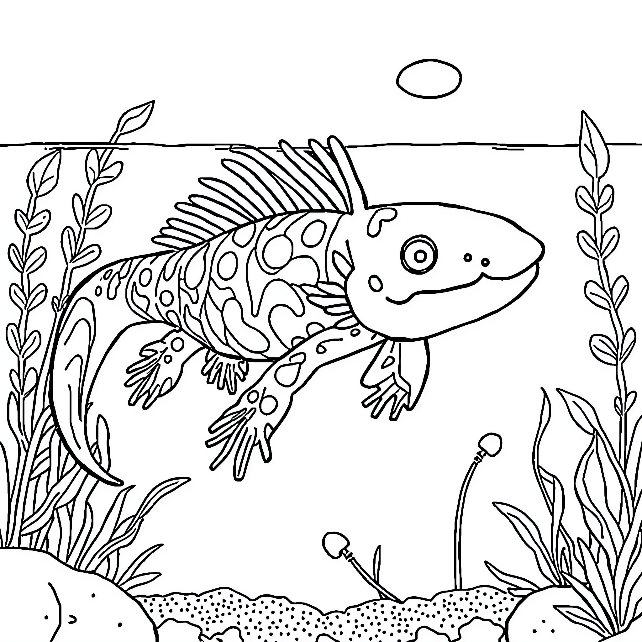 Axolotl swimming playfully in underwater garden Coloring Page (free black-and-white line drawing printable PDF for all, from beginners to advanced learners, including children, teens, adults, and seniors)
