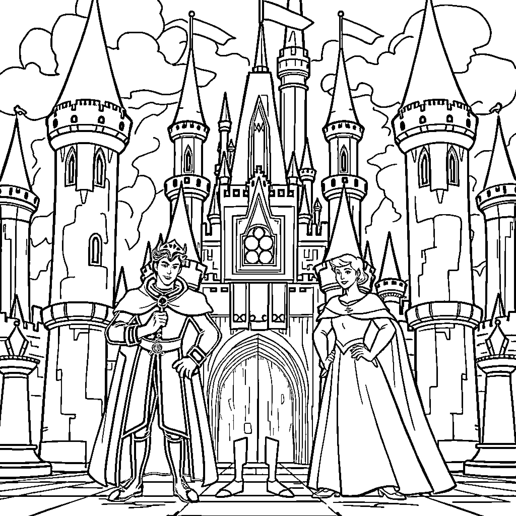 Prince and Princess in a Majestic Castle Coloring Page (free black-and-white line drawing printable PDF for all, from beginners to advanced learners, including children, teens, adults, and seniors)