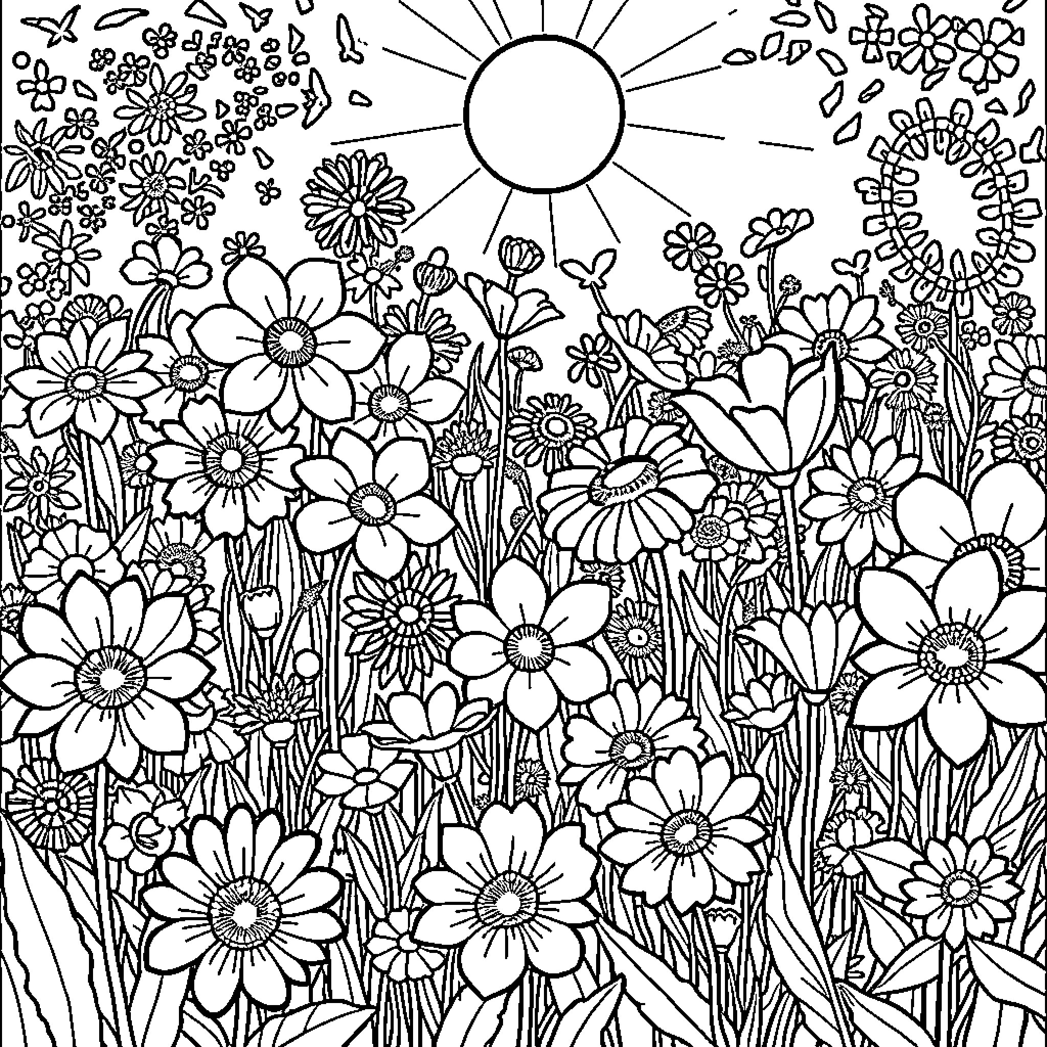Flower garden in bloom under the sun Coloring Page (free black-and-white line drawing printable PDF for all, from beginners to advanced learners, including children, teens, adults, and seniors)