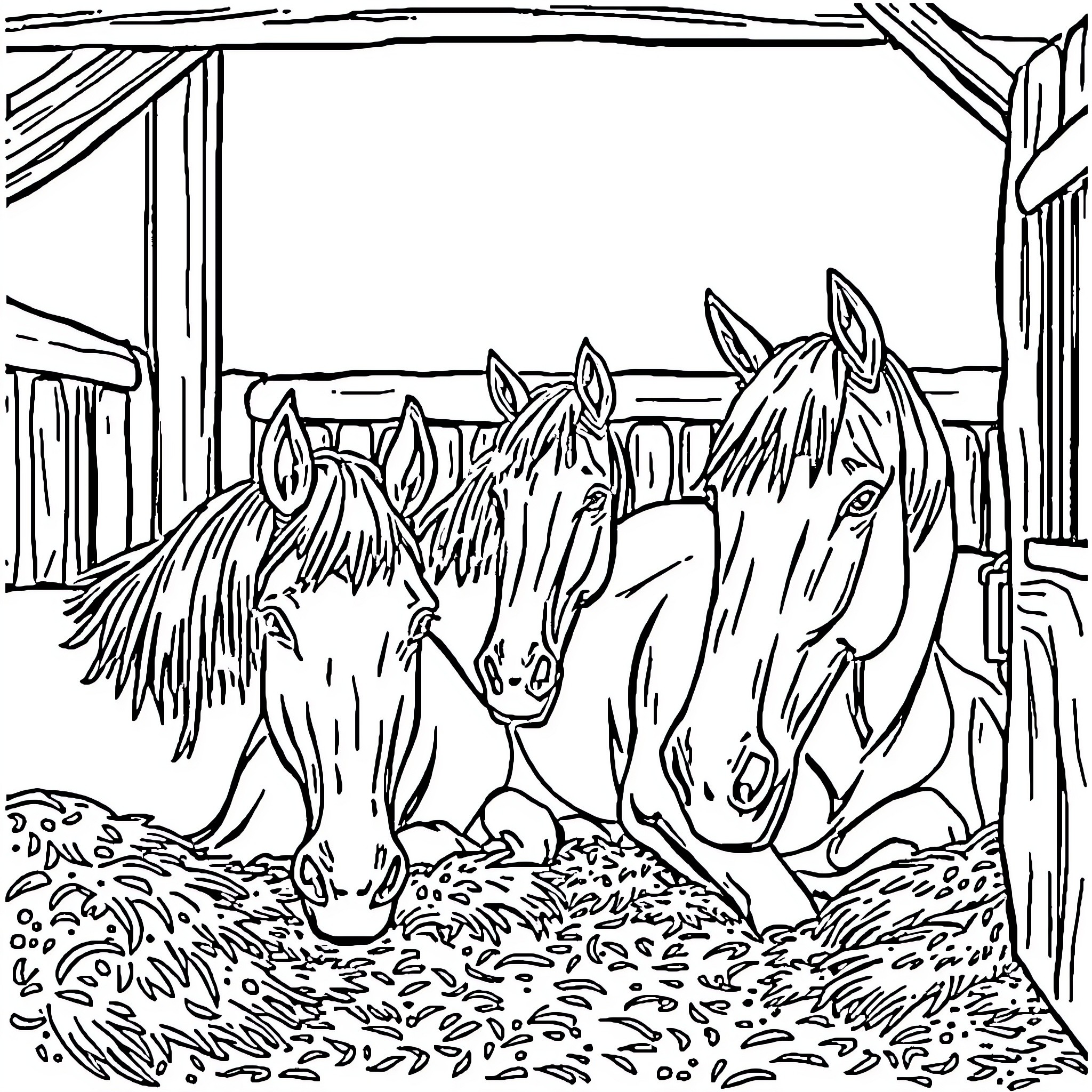 Horse herd in a rustic barn setting Coloring Page (free black-and-white line drawing printable PDF for all, from beginners to advanced learners, including children, teens, adults, and seniors)